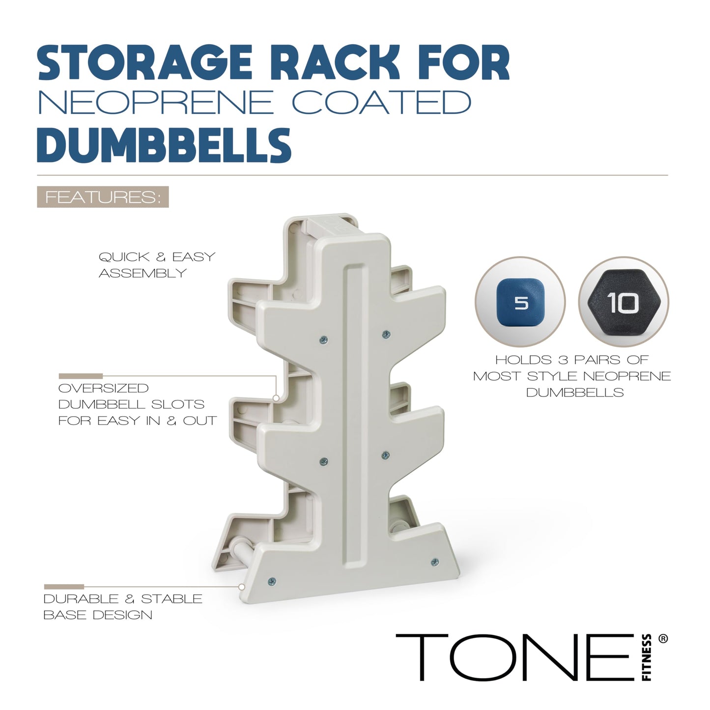 Tone Fitness 50 LB Neoprene Dumbbell Set with Storage Rack – Non-Slip, Anti-Roll Hand Weights for Home Gym Workouts - Mixed Colors | Purple, Blue and Black