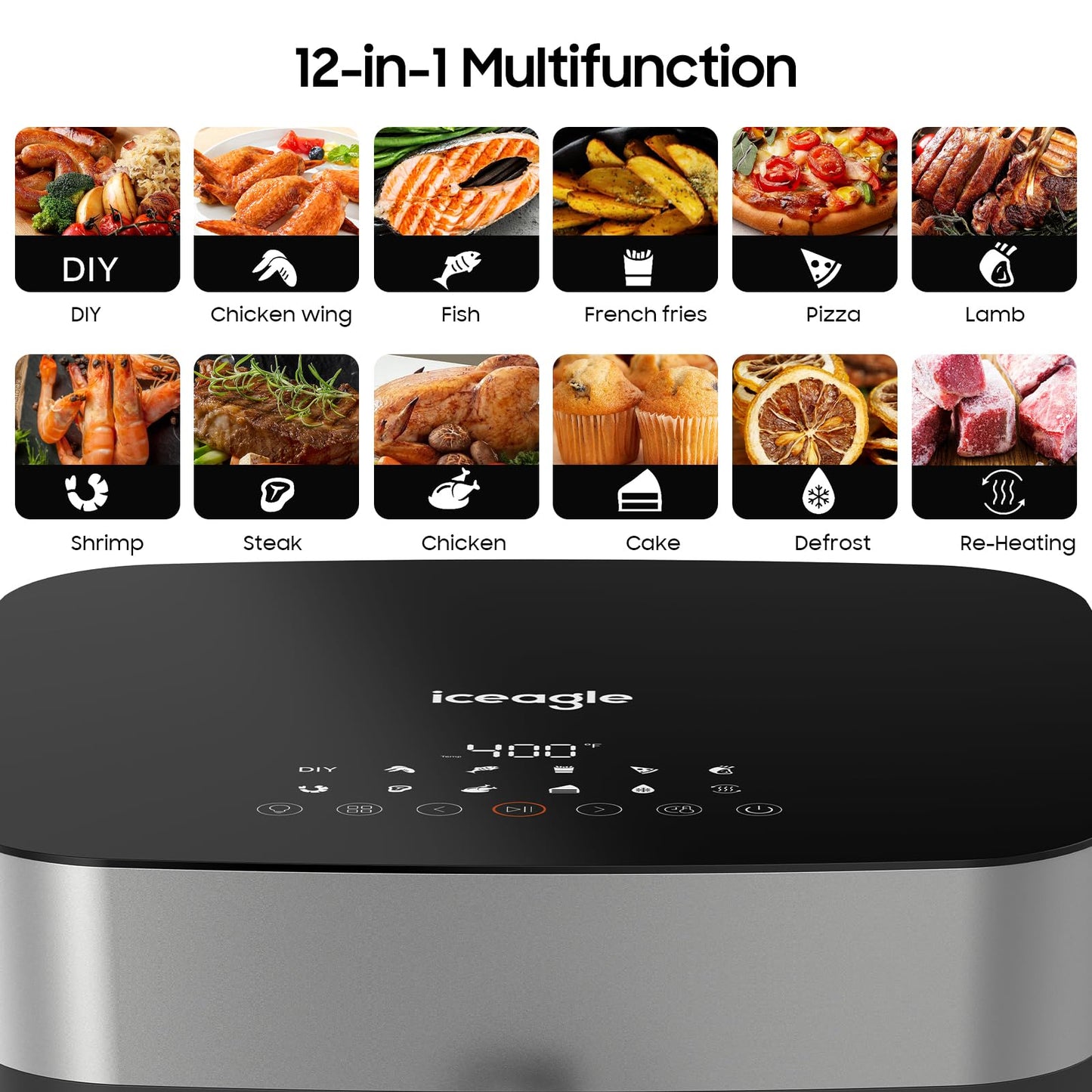 Iceagle Stainless Steel Air Fryer 9 Quart - Airfryer XXL with Large Viewing Window, Dual Heating Elements, 12-in-1 Function to Roast, Bake, Broil, Defrost, Reheat, Dishwasher-Safe Parts, 1700W, Siver