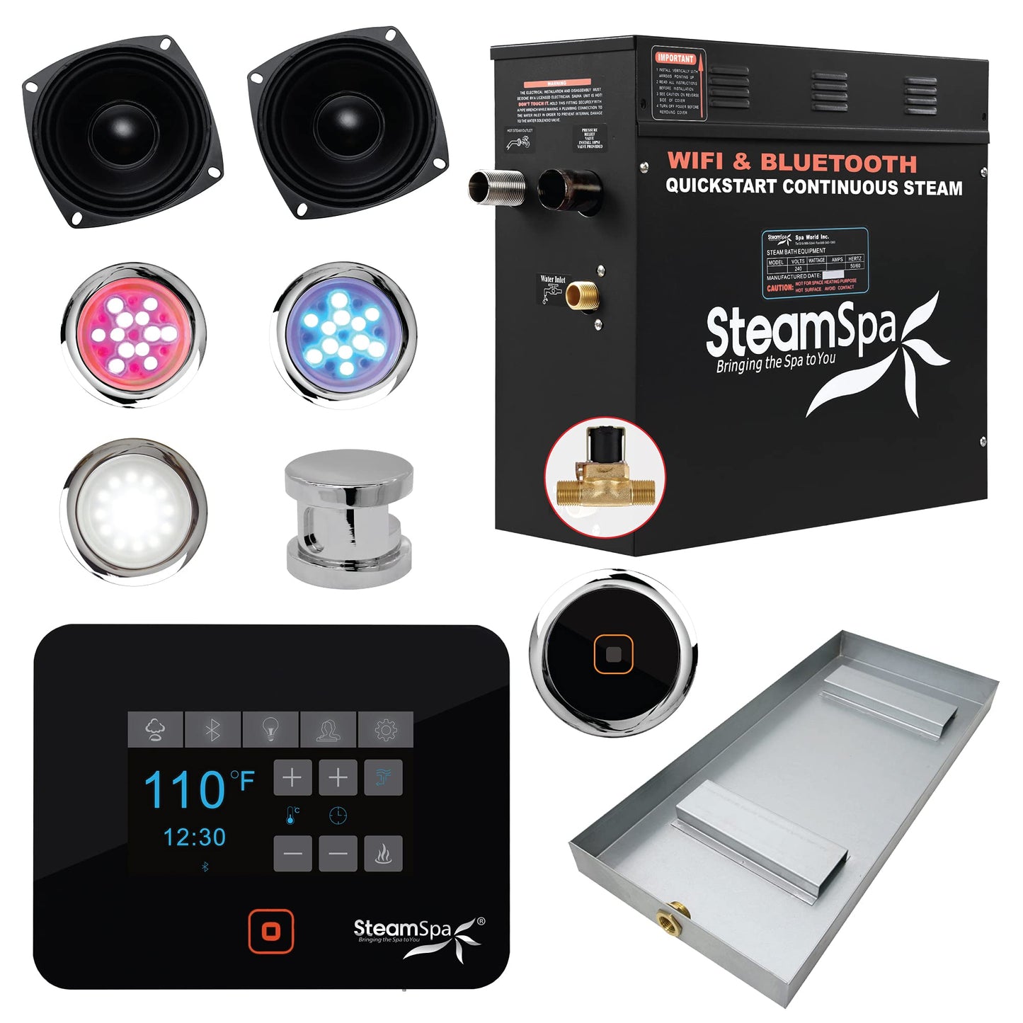SteamSpa - Steam Shower Generator Kit System | Polished Chrome + Self Drain Combo| Enclosure Steamer Sauna Spa Stall Package|Touch Screen Wifi App/Bluetooth Control Panel |4.5 kW Raven | RVB450CH-A