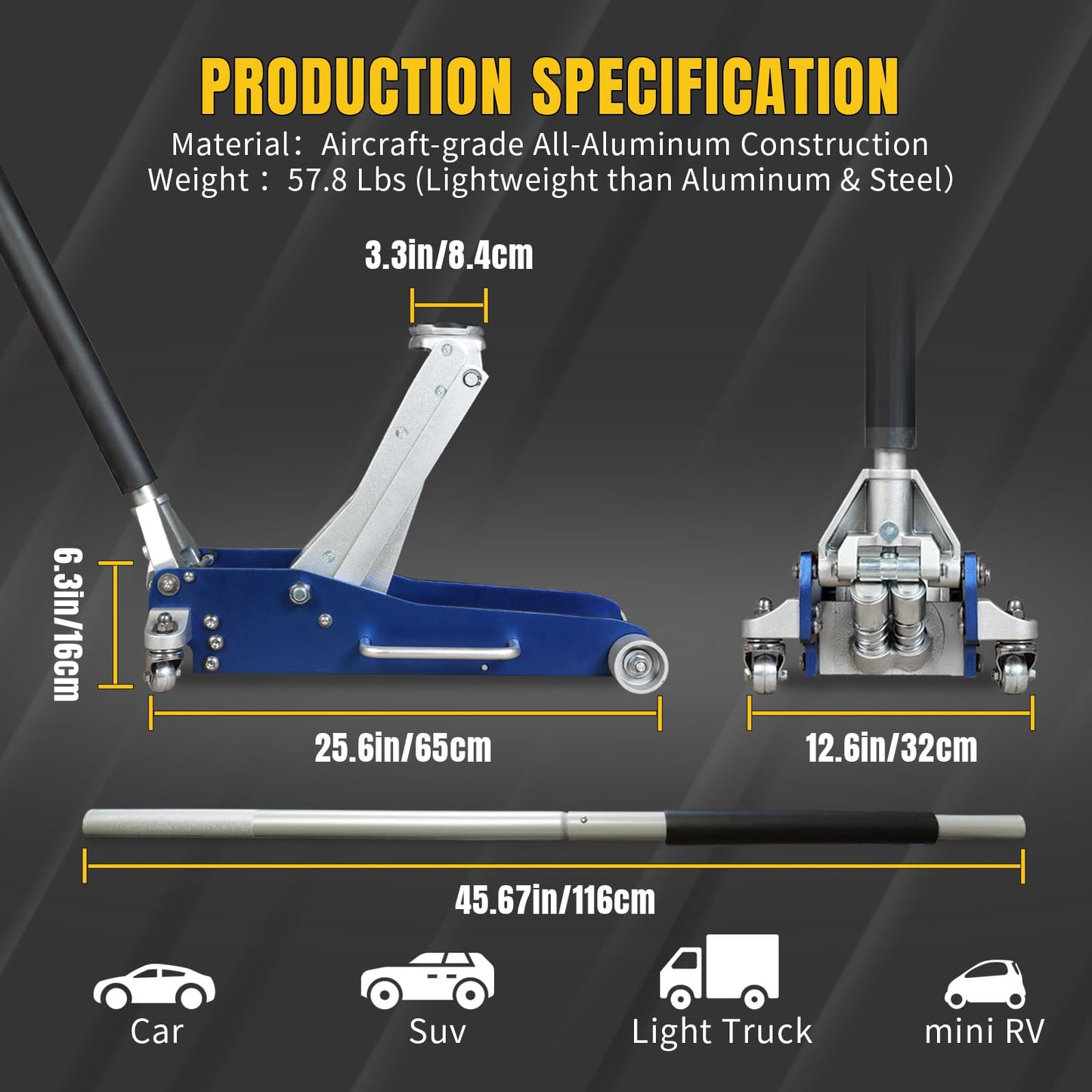 YELLOW JACKET 3 Ton Floor Jack Full Aluminum Ultra Lightweight Quick Rise Racing Floor Car Jack with Dual Pump Fast Lifting Low Profile Jack for Vehicle,6600 lbs Capacity