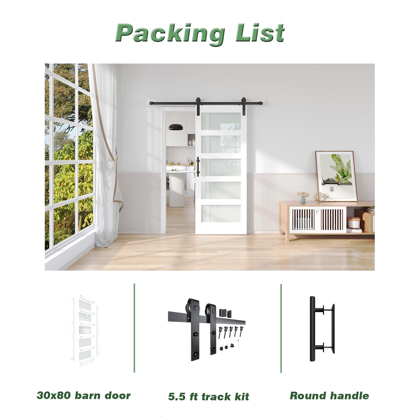 Fredbeck 30x80 White Glass Barn Door with 5.5FT 66inch Sliding Doors Hardware Kit Included,PVC Surface,Water-Proof,Water-Proof,Easy to Assembly