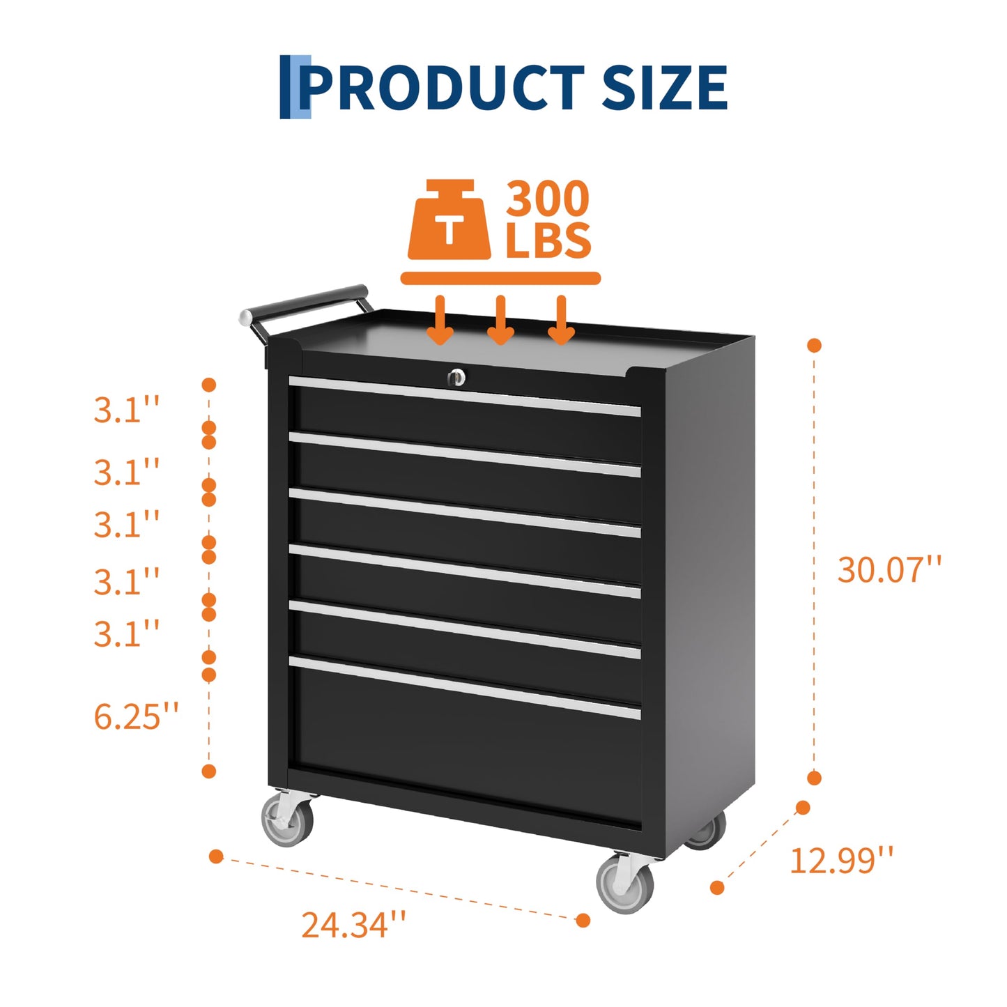 Garvee Rolling Tool Chest, 6 Drawers Tool Storage Cabinet, Toolbox with Wheels, Portable Tool Cabinet Organizer with Locking System & Drawer Liners, Tool Storage Cart for Garage, Workshop, Black