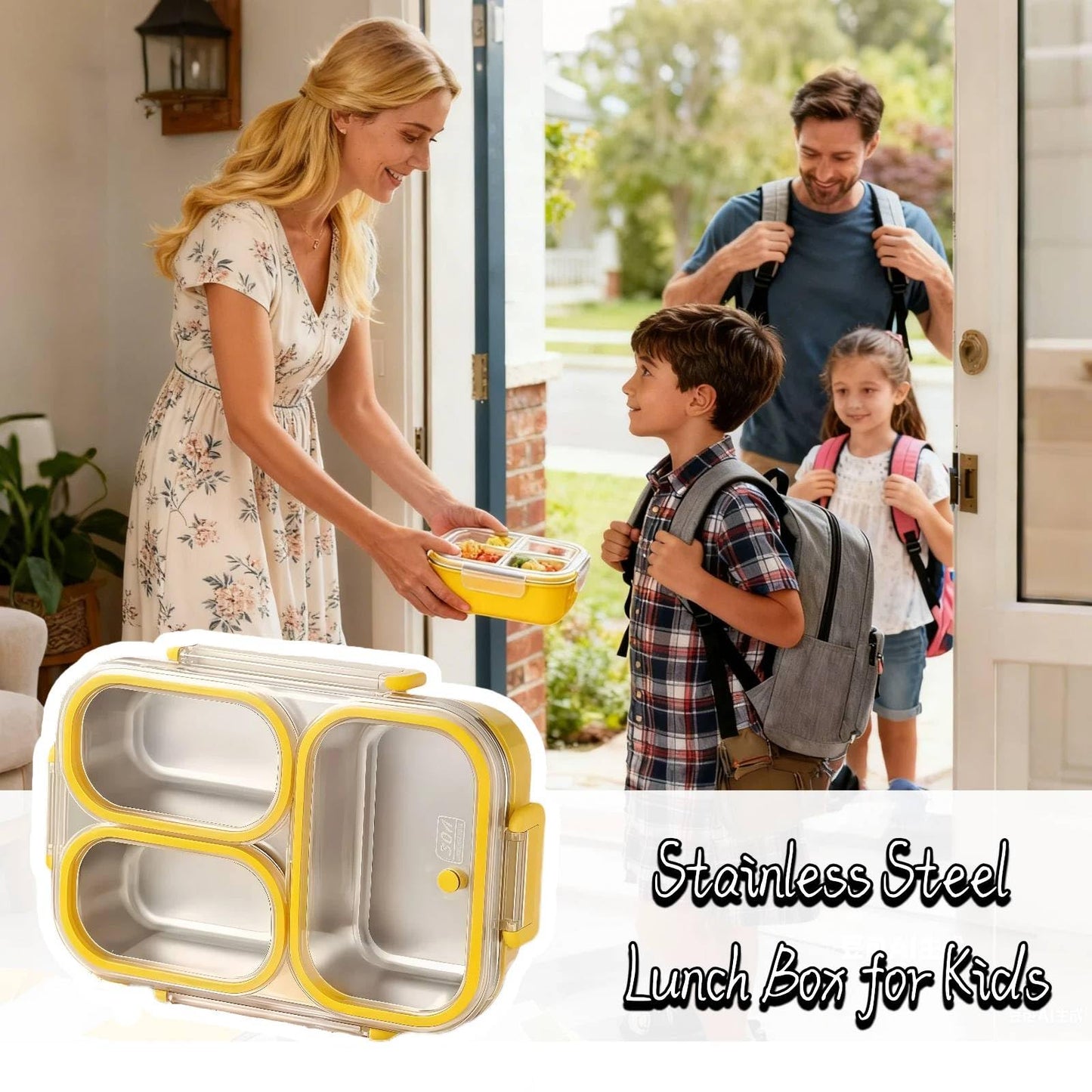 Eechen Charm Stainless Steel Lunch Box, 3 Compartment Bento Box for Kids & Adults, Leakproof Metal Food Container for School, Work, Picnic, Easy to Clean (Yellow)