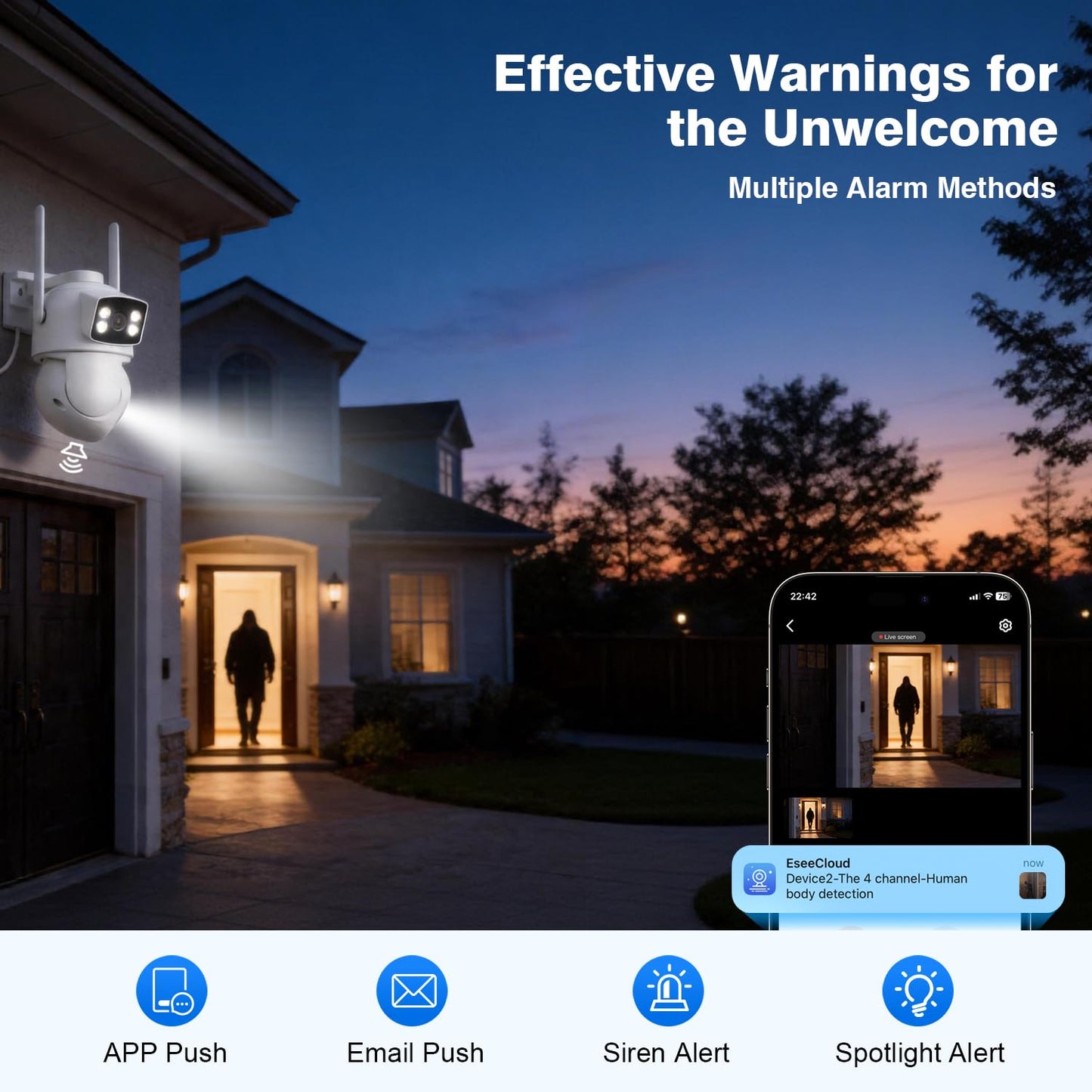 Cromorc Expandable 16CH NVR Wireless Security System 10.1" Monitor, 4 Dual Lens PTZ 4MP Camera, Humanoid Motion Detection, Spotlight, Siren Alarm, 2-Way Audio, in/Outdoor, 1TB HDD, Color Nihgt Vision