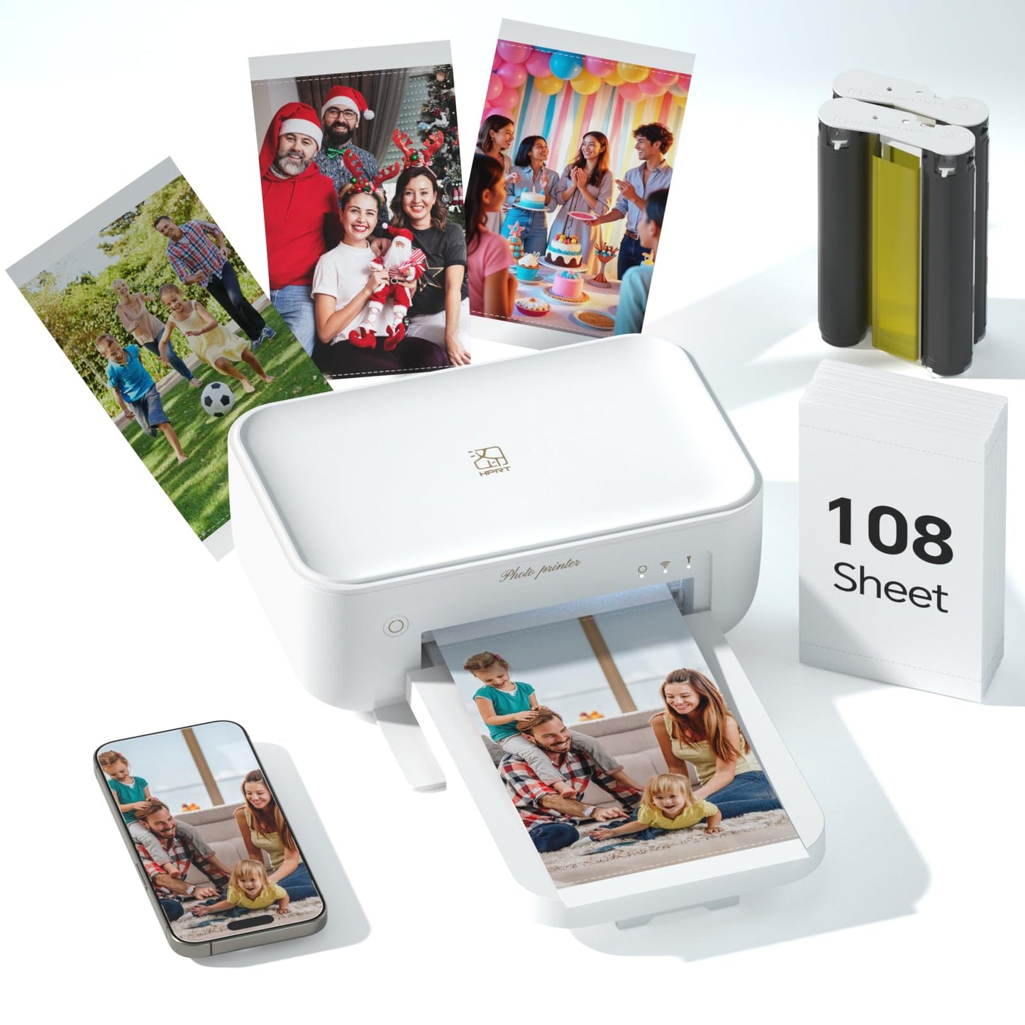 HPRT Photo Printer 4x6 with 108 Sheets & 2 Cartridges, Instant Picture Printer for iPhone & Android, Bluetooth Dye Sublimation Phone Photo Printer, Home Use, Ideal Gift, White