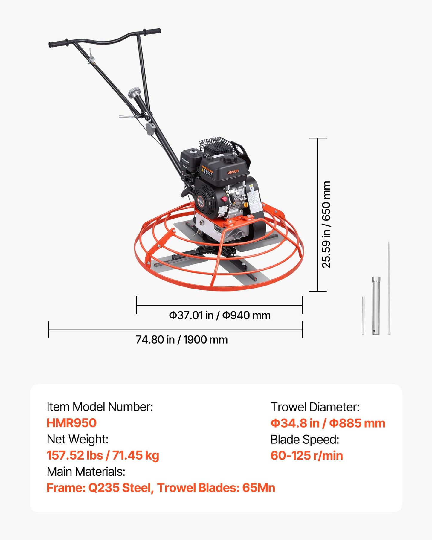 VEVOR Power Trowel, 34.8 inch Trowel Diameter Concrete Finishing Machine, 5.5HP Engine, 4 Blades, Adjustable Pitch, Gas-Powered Walk-Behind Cement Surface Finisher for Smooth Floors, Construction