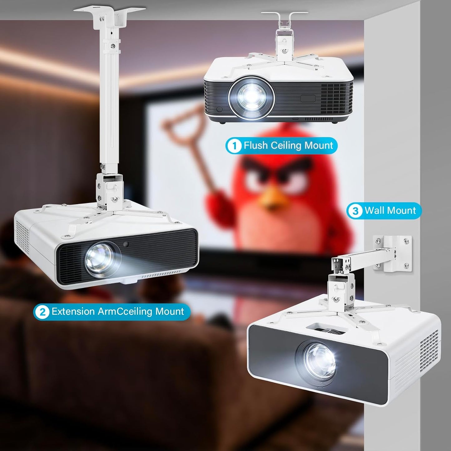 Vphom 3-in-1 Universal Projector Mount Ceiling/Wall - Projector Bracket with Extension Pole & Cable Ties