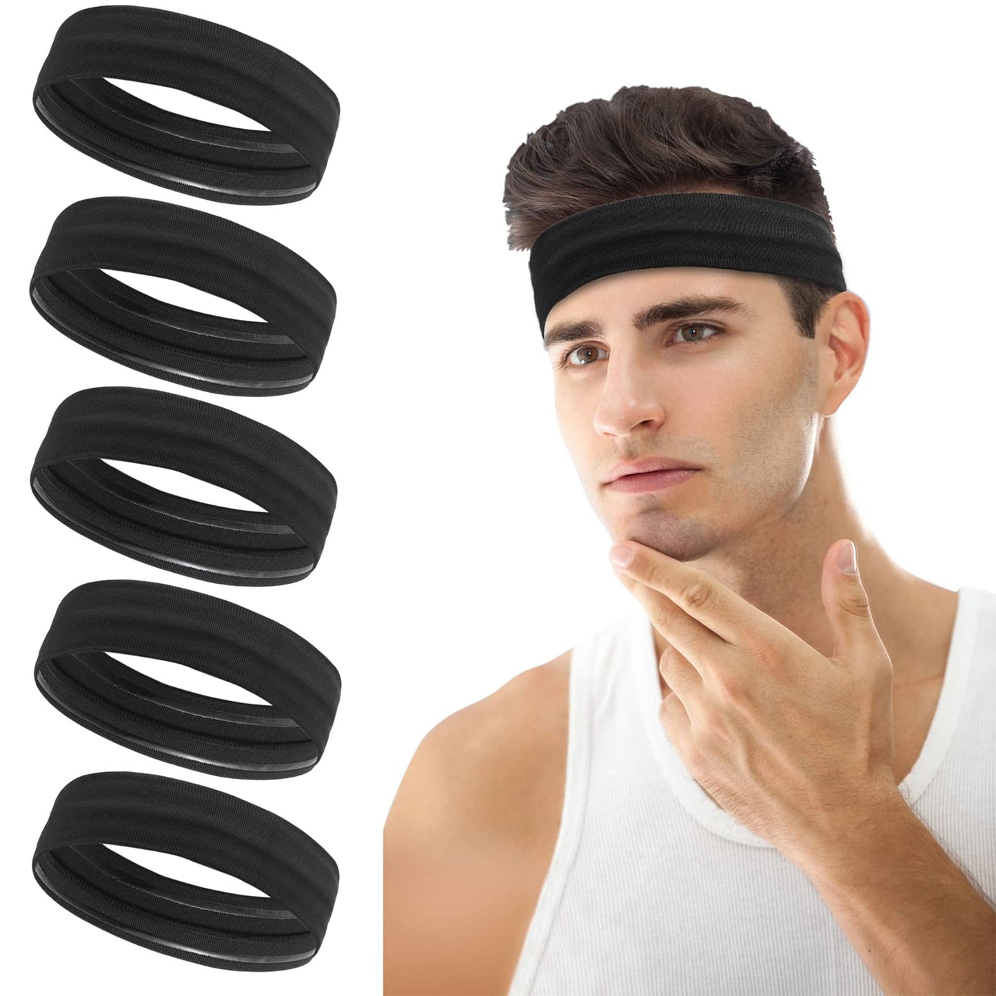 ONEYE Black Workout Headbands for Women Men Non Slip Sport Silicone Sweatbands Elastic Hair Bands Yoga Running Sports Travel Indoor Fitness Gym with 5 PCS