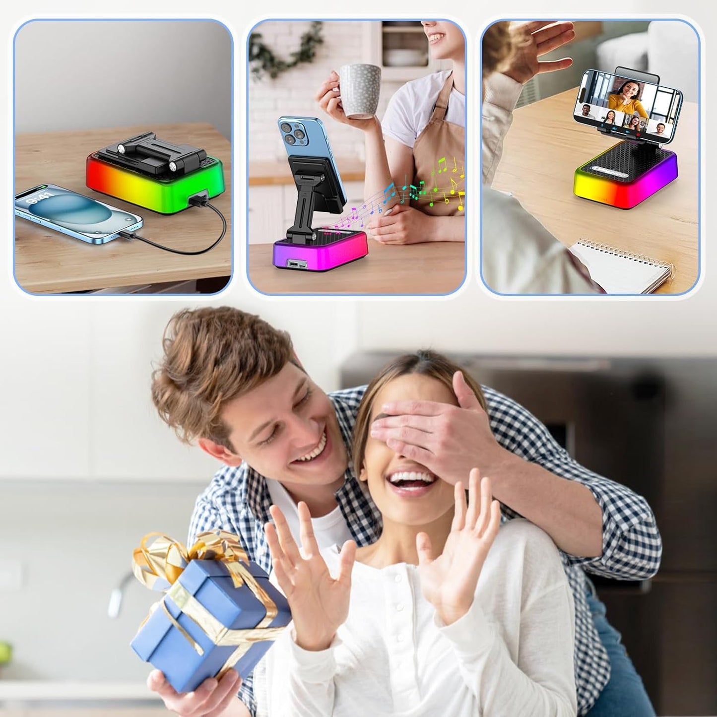 JTEMAN Gifts for Men Women, Phone Stand Bluetooth Speaker with Charging Function and RGB Light, Unique Birthday Gift