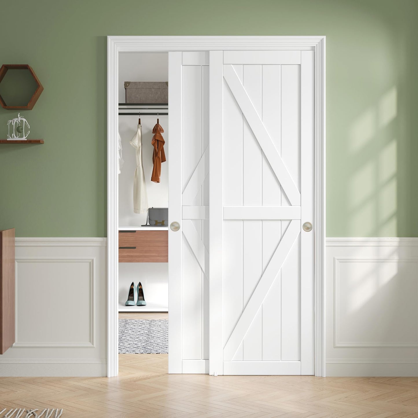 CEAKIAN 48x80in Sliding Closet Doors (Double 25in) White Bypass Closet Door,Easy Install Modern PVC Closet Doors with Hidden Track,Quiet Rollers,Solid Wood Core,Space Divider for Bedroom Wardrobe