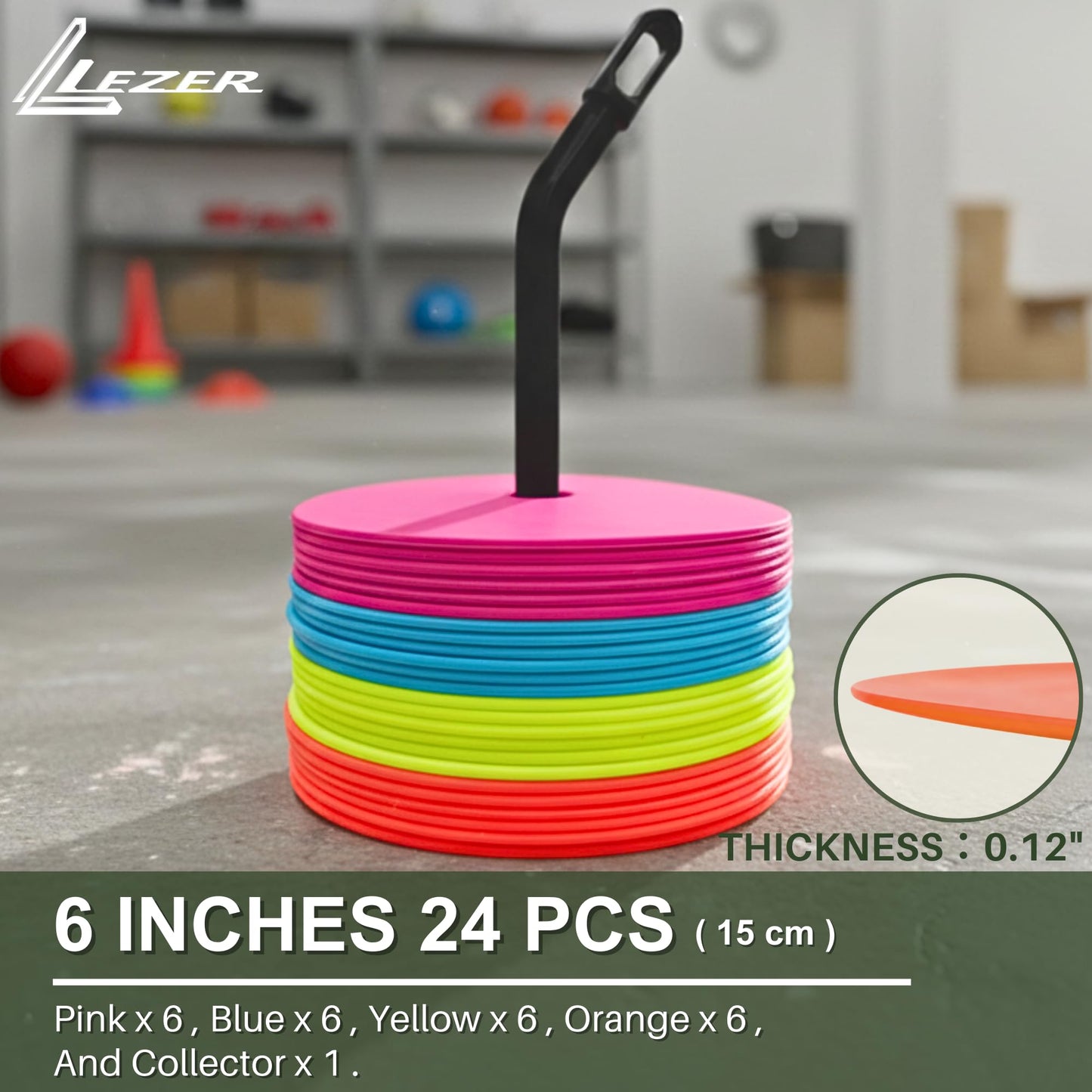 LEZER 6 Inch Flat Cones, Spot Markers, Soccer Cones, Field Court Markers, Sit Spots, Flat Discs, Soccer Training Equipment, Agility Practice, Football, Made in Taiwan, Set of 24