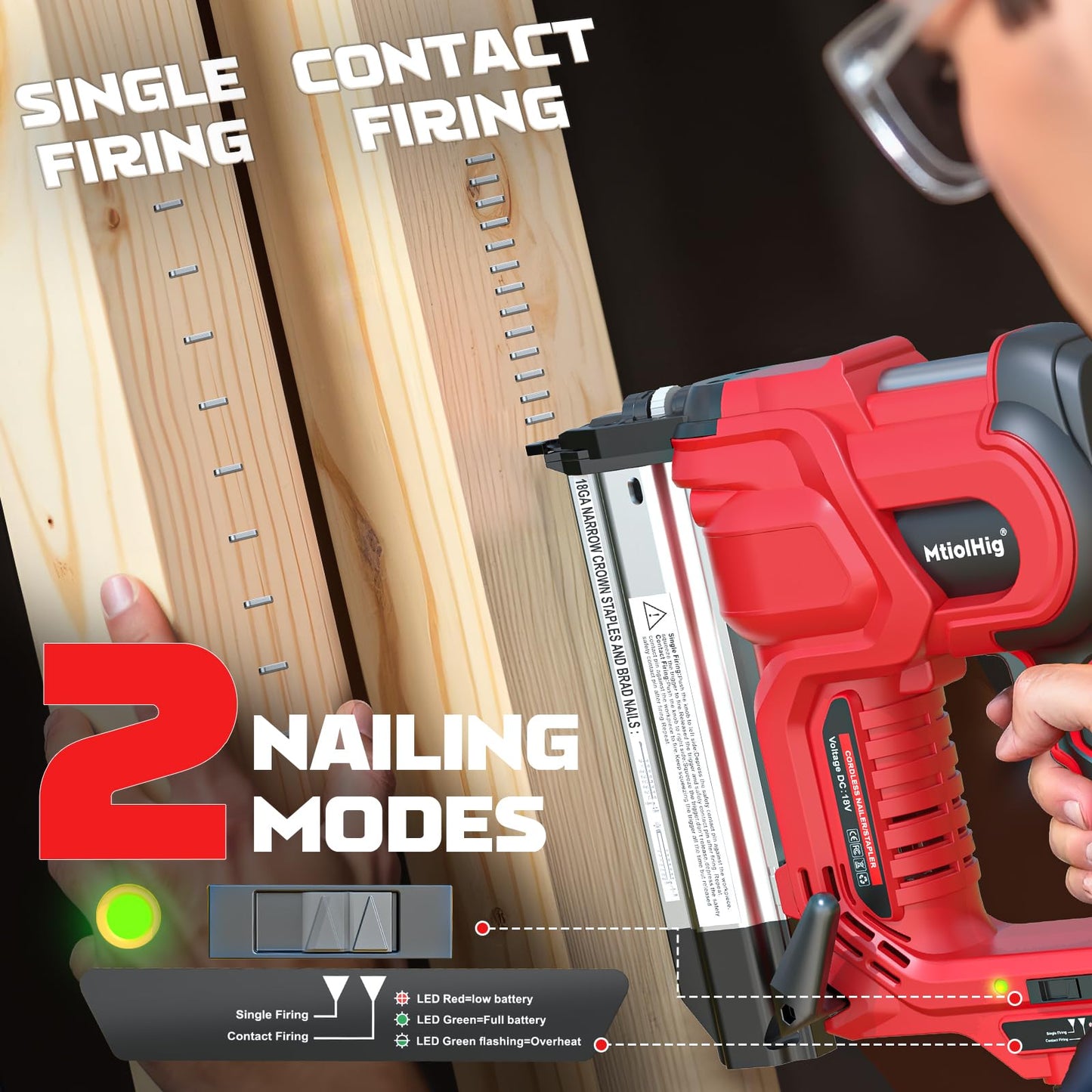 MtiolHig Cordless 2" Brad Nailer Compatible with Milwaukee Battery(Tool Only), 2-in-1 Electric Nail Gun/Staple Gun, 18 Gauge Nail Gun Battery Powered with 1000 Nails for Wood Carpentry, 7.2LB
