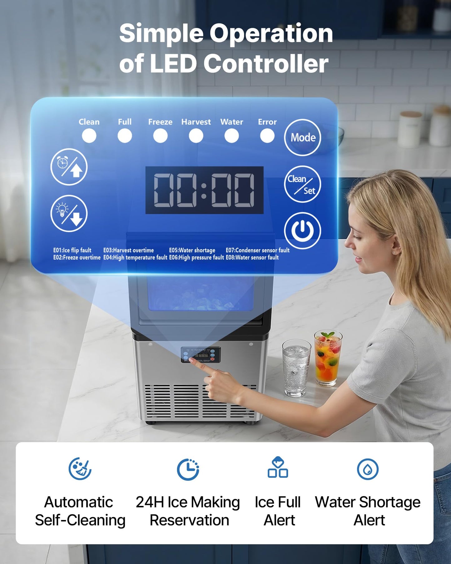 VEVOR Commercial Ice Maker Machine, 80 lbs/24h with 13 lbs Storage Capacity, Countertop/Freestanding/Under Counter, Stainless Steel Ice Maker with LED Display & Self-Cleaning, for Home Bar Restaurant