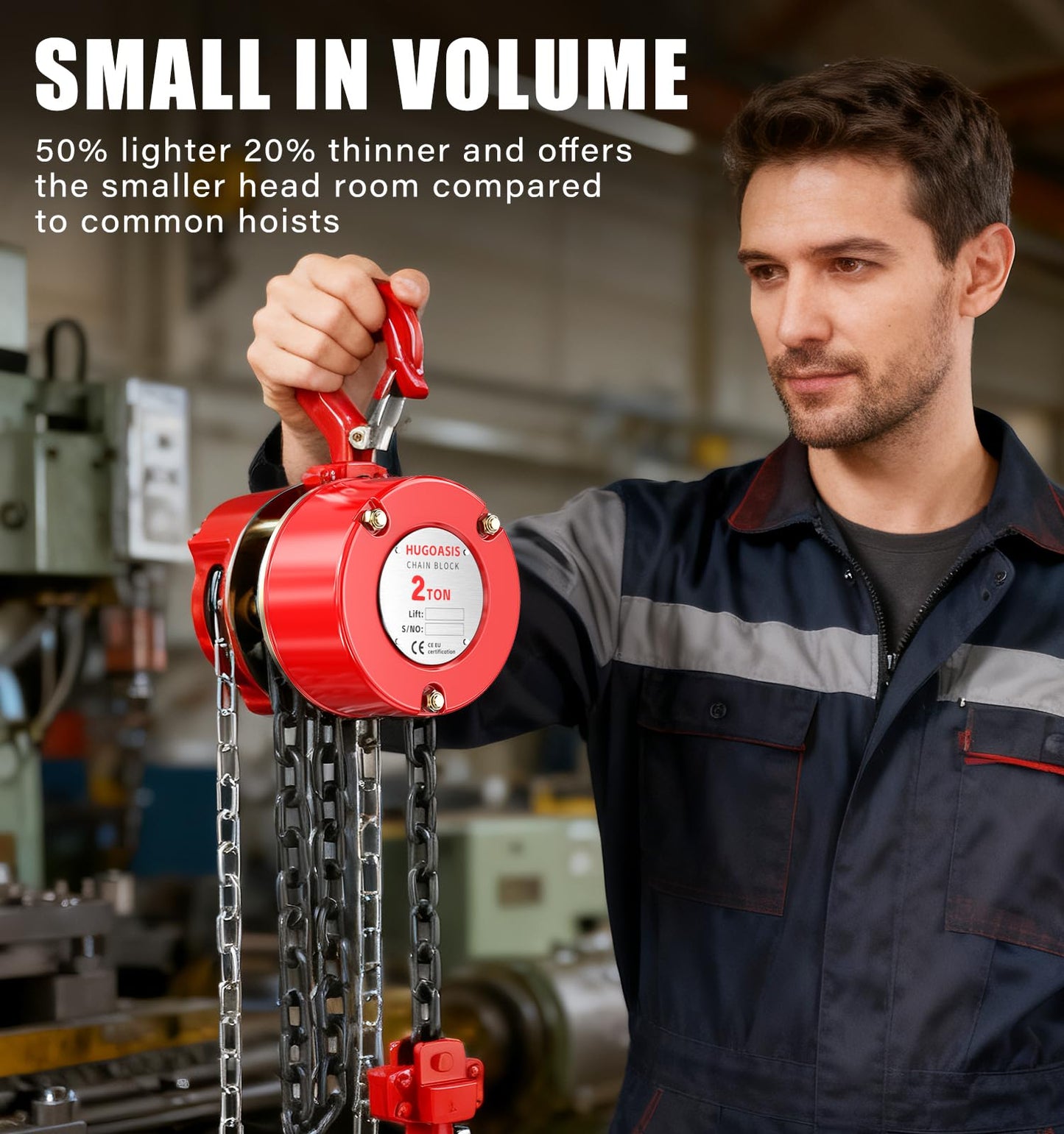 HUGOASIS Manual Chain Hoist 2 Ton 4400 Lbs Capacity 10ft with 2 Heavy Duty Hooks, Chain Fall Block for Warehouse Building Automotive Machinery,Red