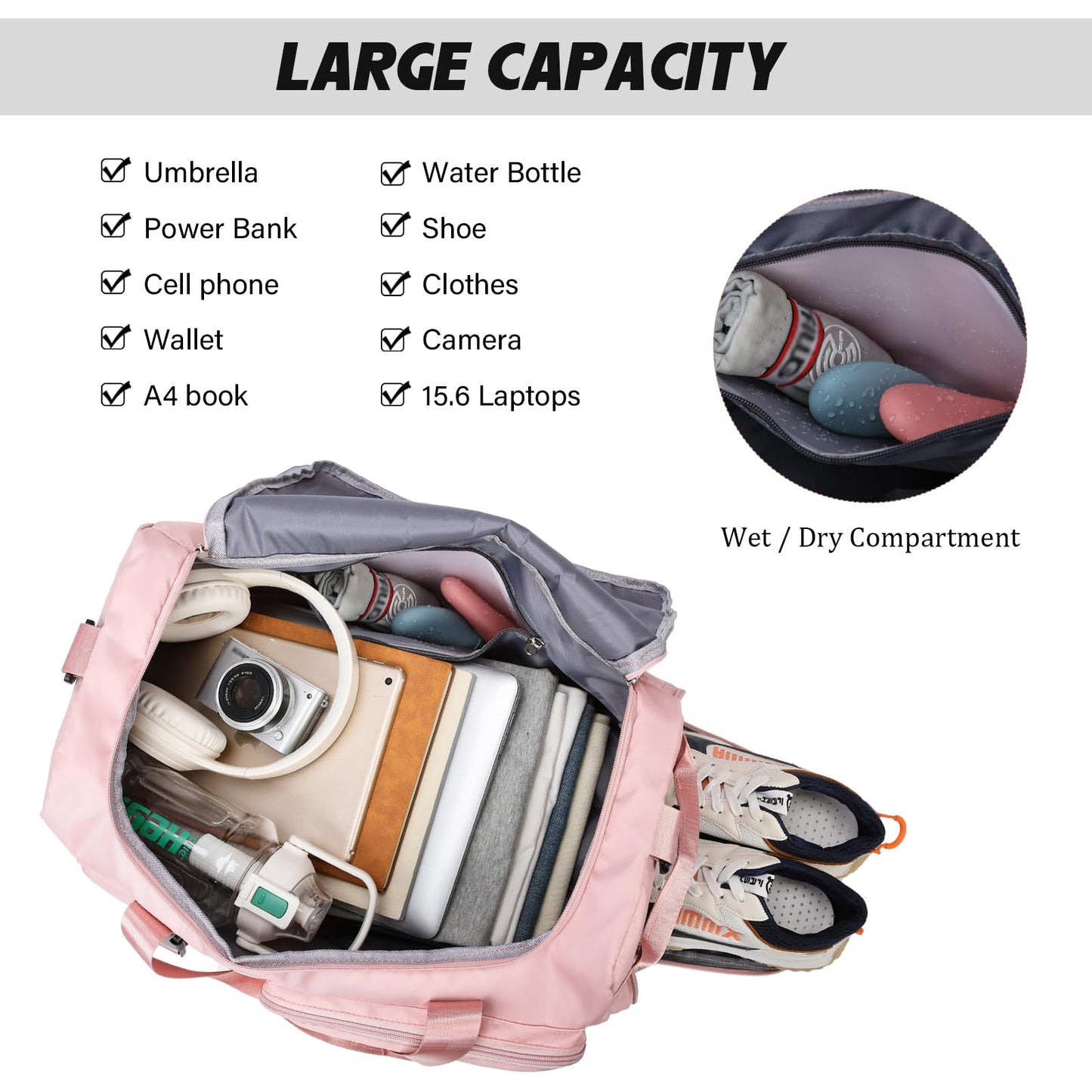Eslcorri Gym Duffle Bag for Women Men, Sports Backpack with Wet & Shoe Compartment, Fitness Overnight Weekender Bag for Yoga, Swim, Travel (Style B, GreenPink)
