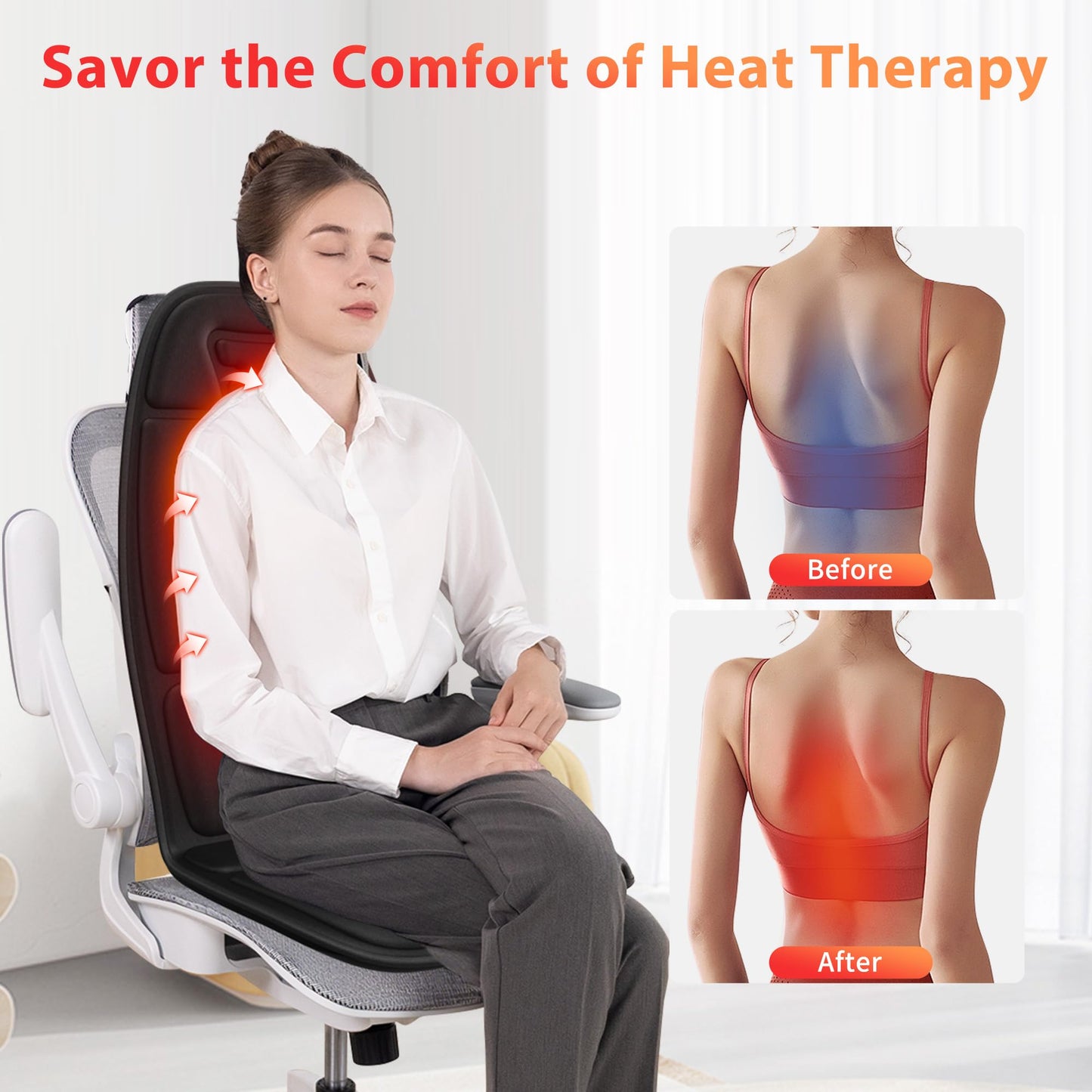 comrelax Back Massager with Heat, Massage Chair Pad with 5 Modes & 2 Heat Levels for Back & Thighs, Back Massage Pad for Office & Home Chairs, Matte Black