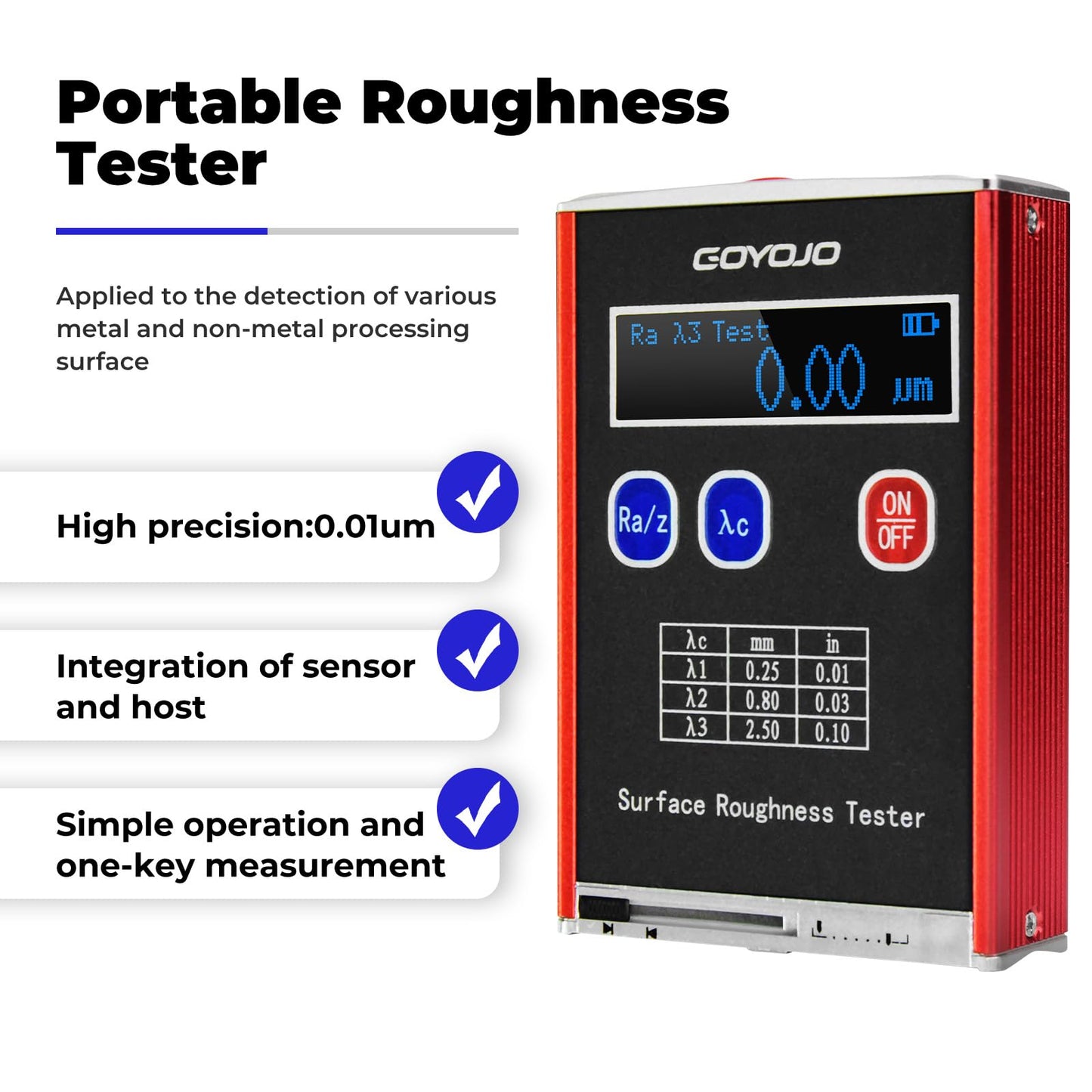 GOYOJO GSR720 Surface Roughness Tester High Accuracy 0.01μm Portable Roughness Gauge 4 Testing Parameters Ra/Rq 0.05~15.0μm Rz/Rt 0.1~50.0μm with Standard Calibration Block and Bracket