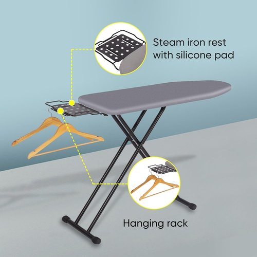 Jakeefud Deluxe Ironing Board - Heat Resistant Cover & Thick Felt Pad | Full Size, Foldable (Light Grey)