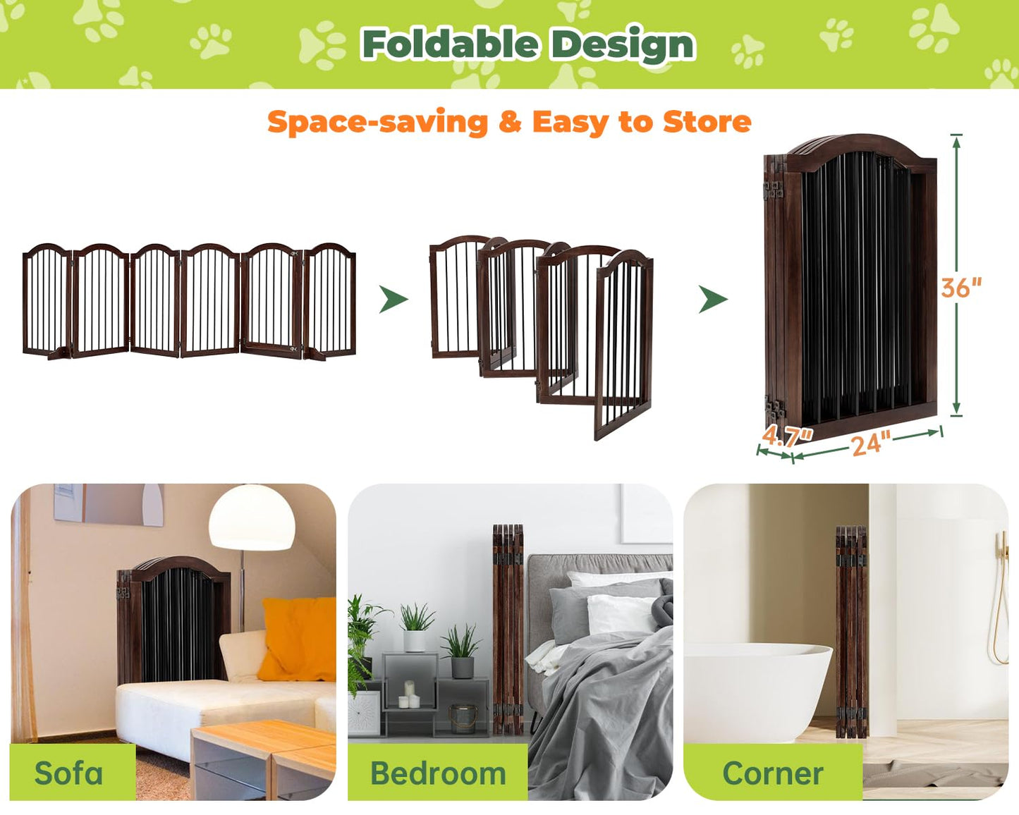 PrimeZone 144" Extra Wide Dog Gate - 36" Tall 6-Panel Solid Acacia Wooden Freestanding Puppy Gates with Door, Foldable Indoor Pet Fence for Doorways, Stairs, Support Feet Included, Brown