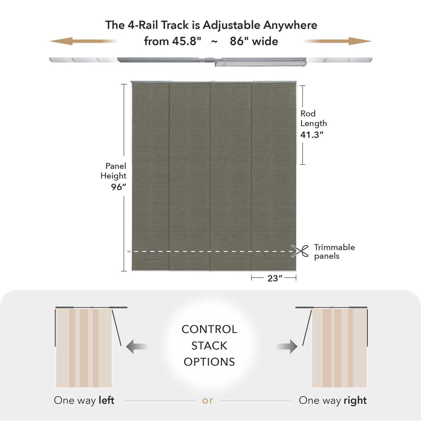 GoDear Design Adjustable Sliding Glass Door Blinds, Panel Track Vertical Patio Door Blinds, Extendable Track from 45.8" to 86" W, Trimmable Panel Curtains Up to 96", Semi-Privacy, Crown Zipper