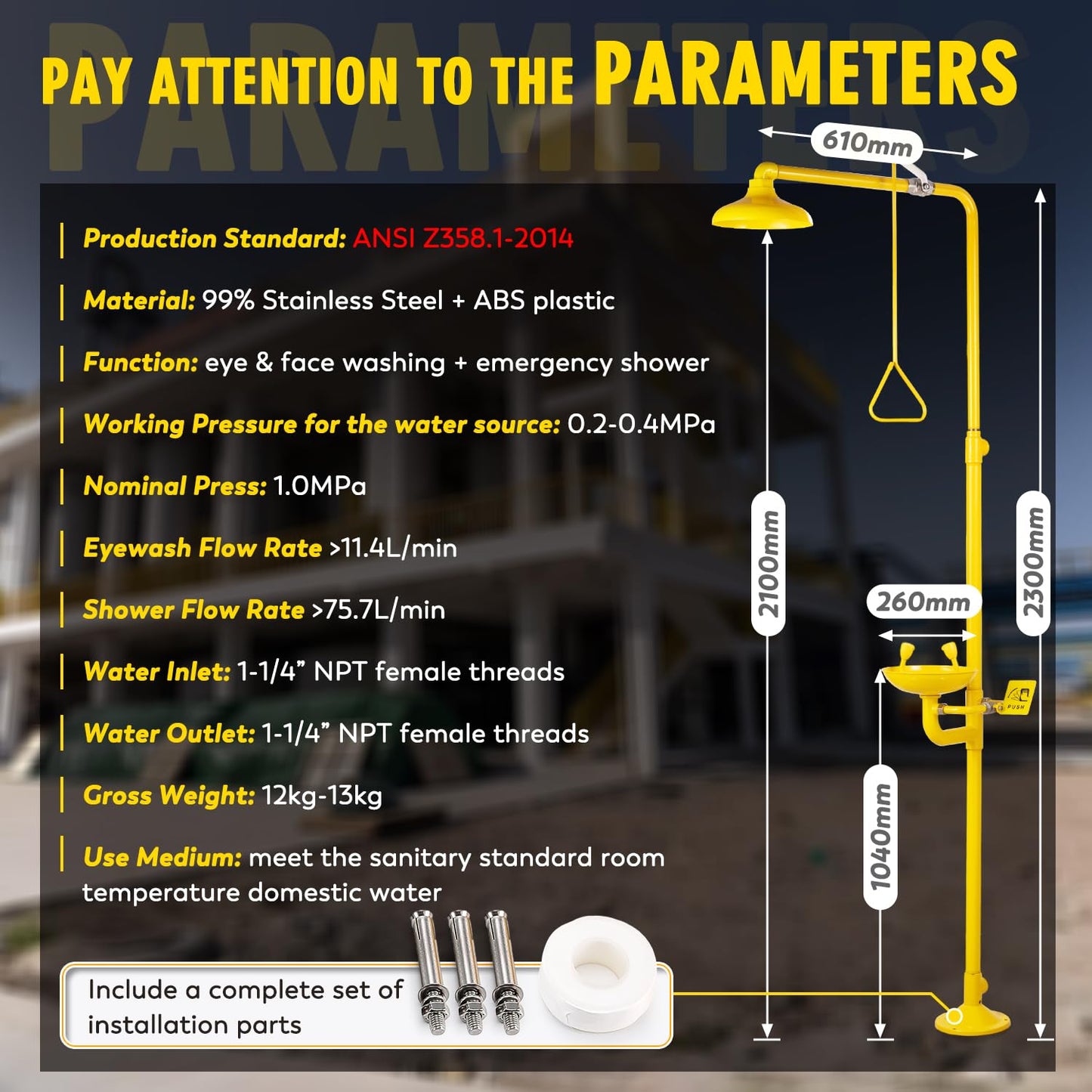 CGOLDENWALL Emergency Shower Eye Wash Station Safty Shower Combination Eye Wash Station with Shower, NPT Thread, with Emergency Sign, 304 Stainless Steel+Yellow Coating