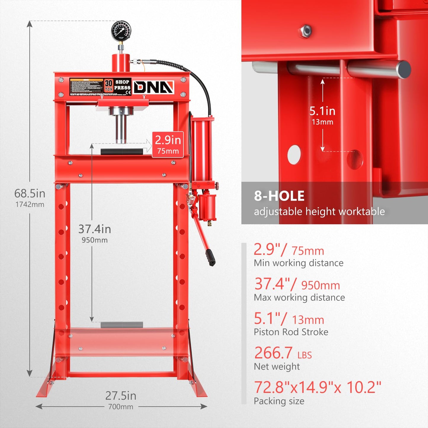 DNA Motoring 30 Ton Air Hydraulic Shop Press with Plates, H-Frame Garage Floor Press, 30T / 66139lbs, Adjustable Working Table Height, TOOLS-00292, Red