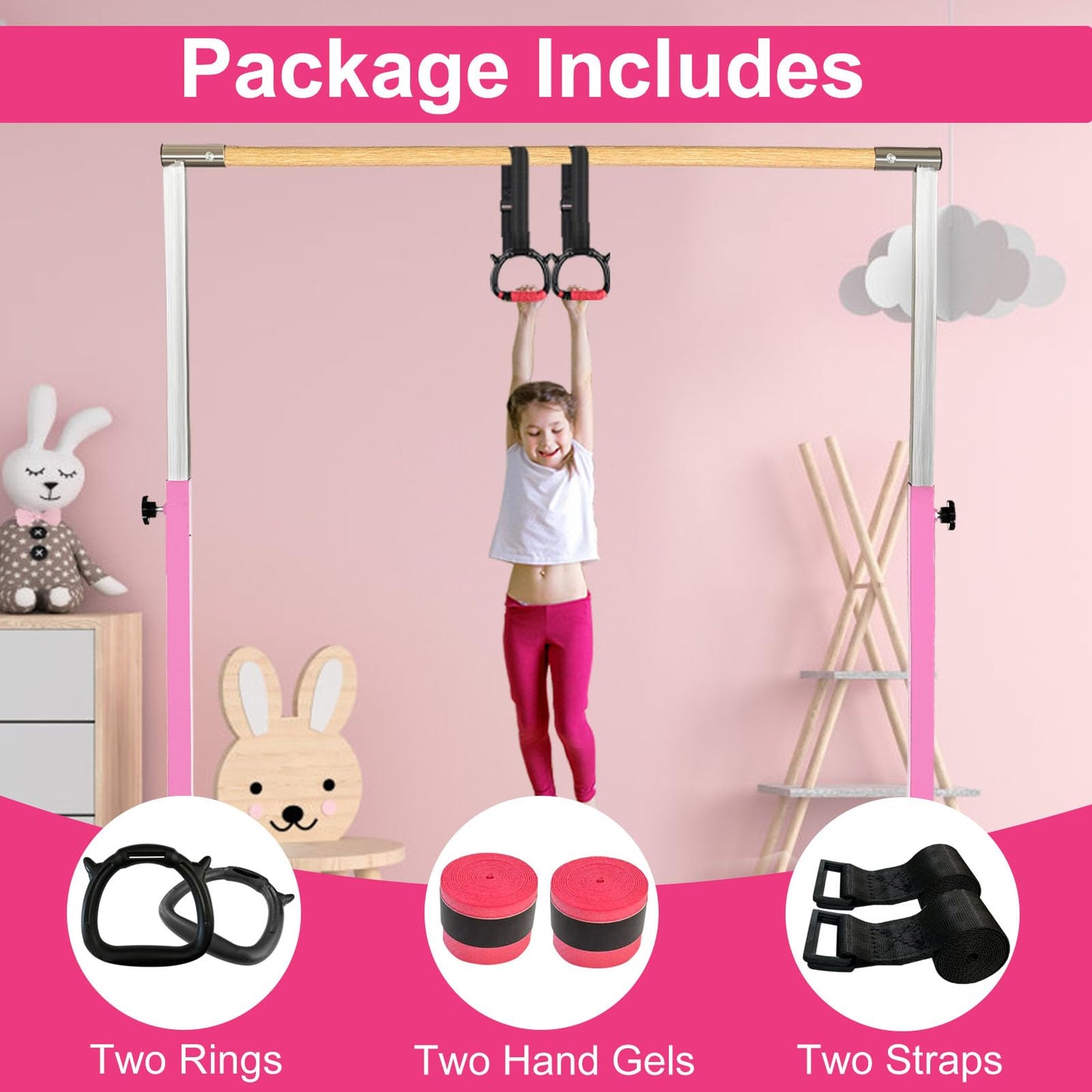 RINREA Gymnastics Rings for Kids, Children's Pull Up Rings with Adjustable Straps, Home Exercise Gym Rings for Strength/Physical Training (Pink)