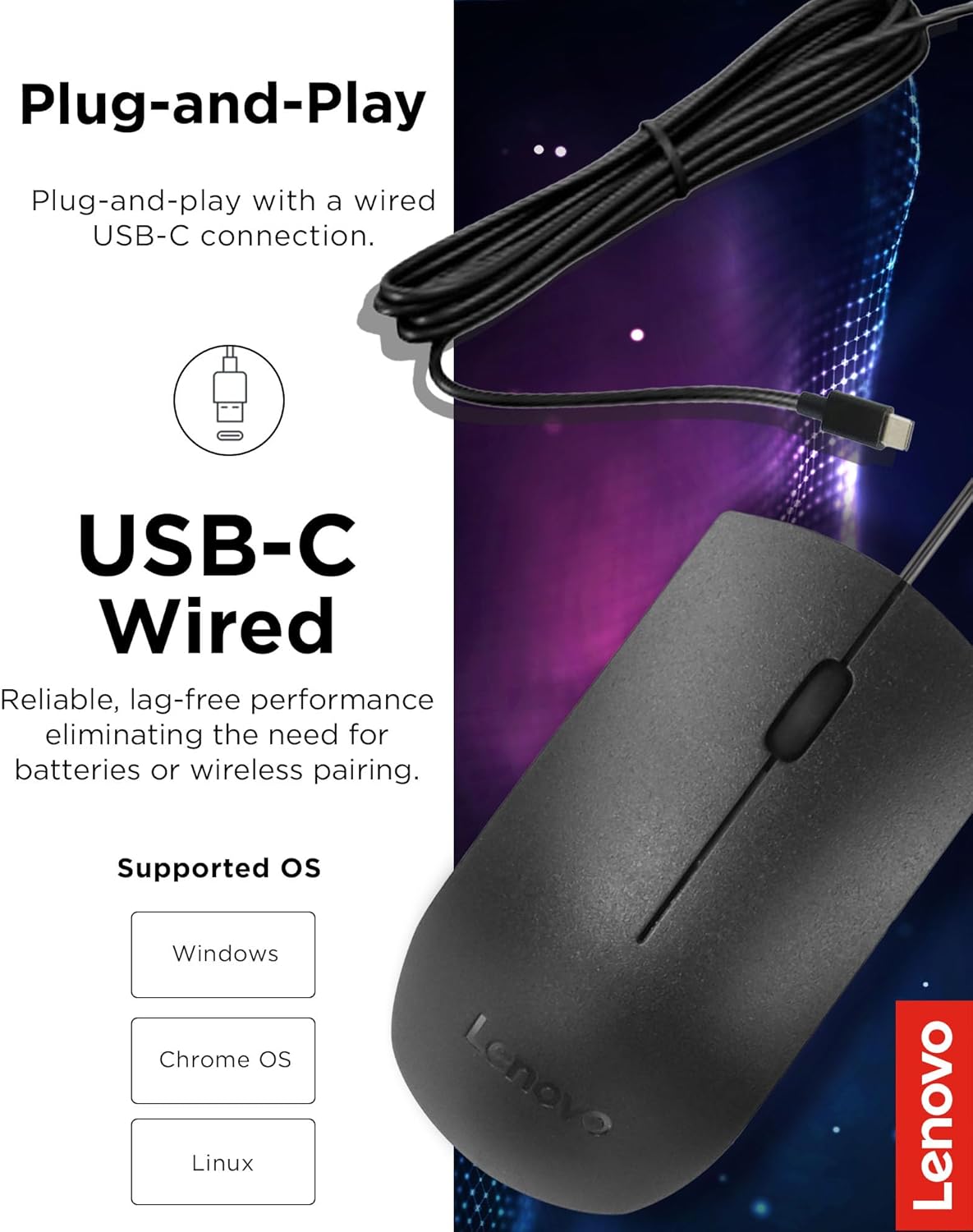 Lenovo USB-C Wired Mouse, Full Size, Ambidextrous Design, Black, Ergonomic Shape, Precision Sensor, Plug-and-Play