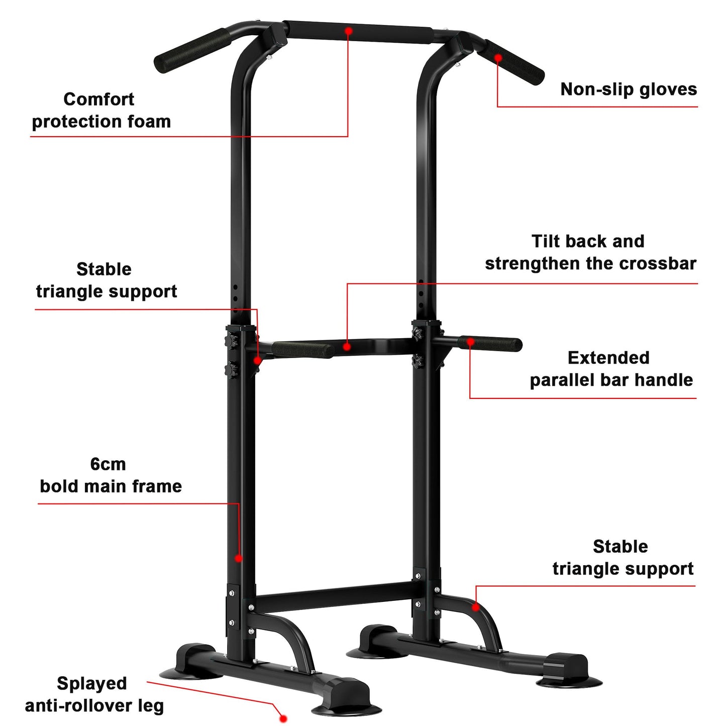 SogesHome Power Tower Pull Up Bar and Dip Station, Height Adjustable Dip Stand Exercise Machine for Home Gym, Multi-Functional Free Standing Strength Training Fitness Workout Station, Black