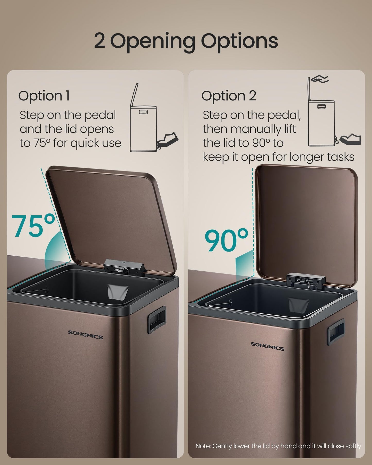 SONGMICS Trash Can, 2 x 8 Gallon (2 x 30 L) Double Compartment Garbage Can for Recycling, Stainless Steel, with 15 Liner Bags, Soft-Close Lids, Removable Buckets, Pedals, Brown ULTB160MZ01