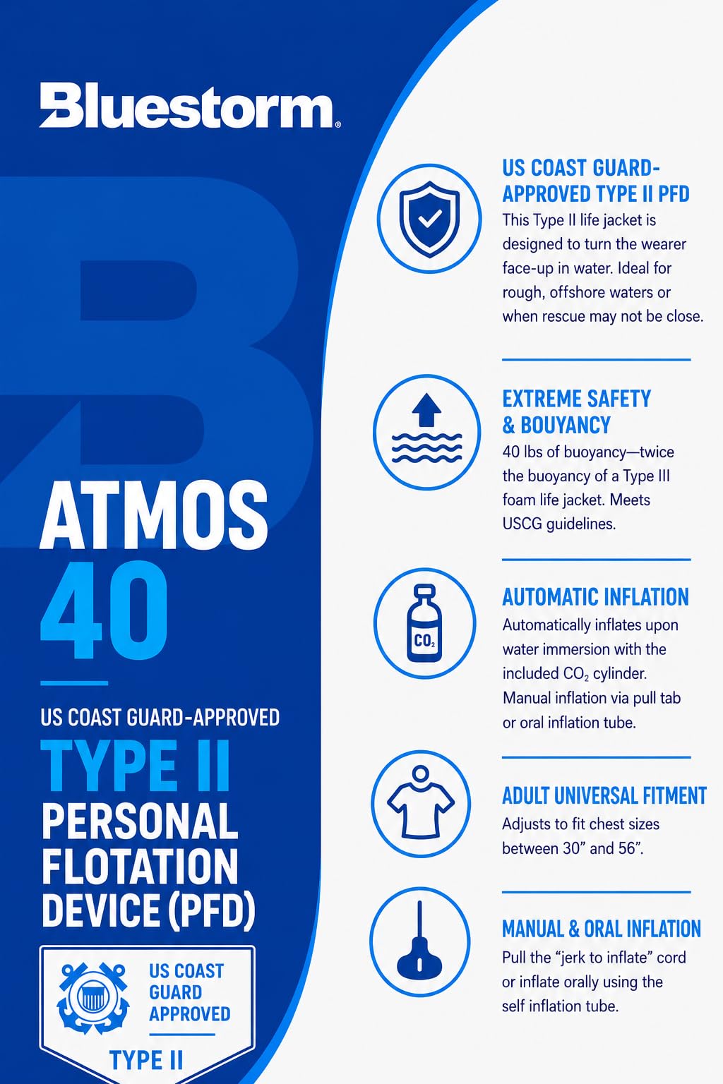 BLUESTORM Atmos 40 Automatic/Manual Inflatable PFD Life Jacket for Adults (Legendary Tan) | US Coast Guard (USCG) Approved Life Vest