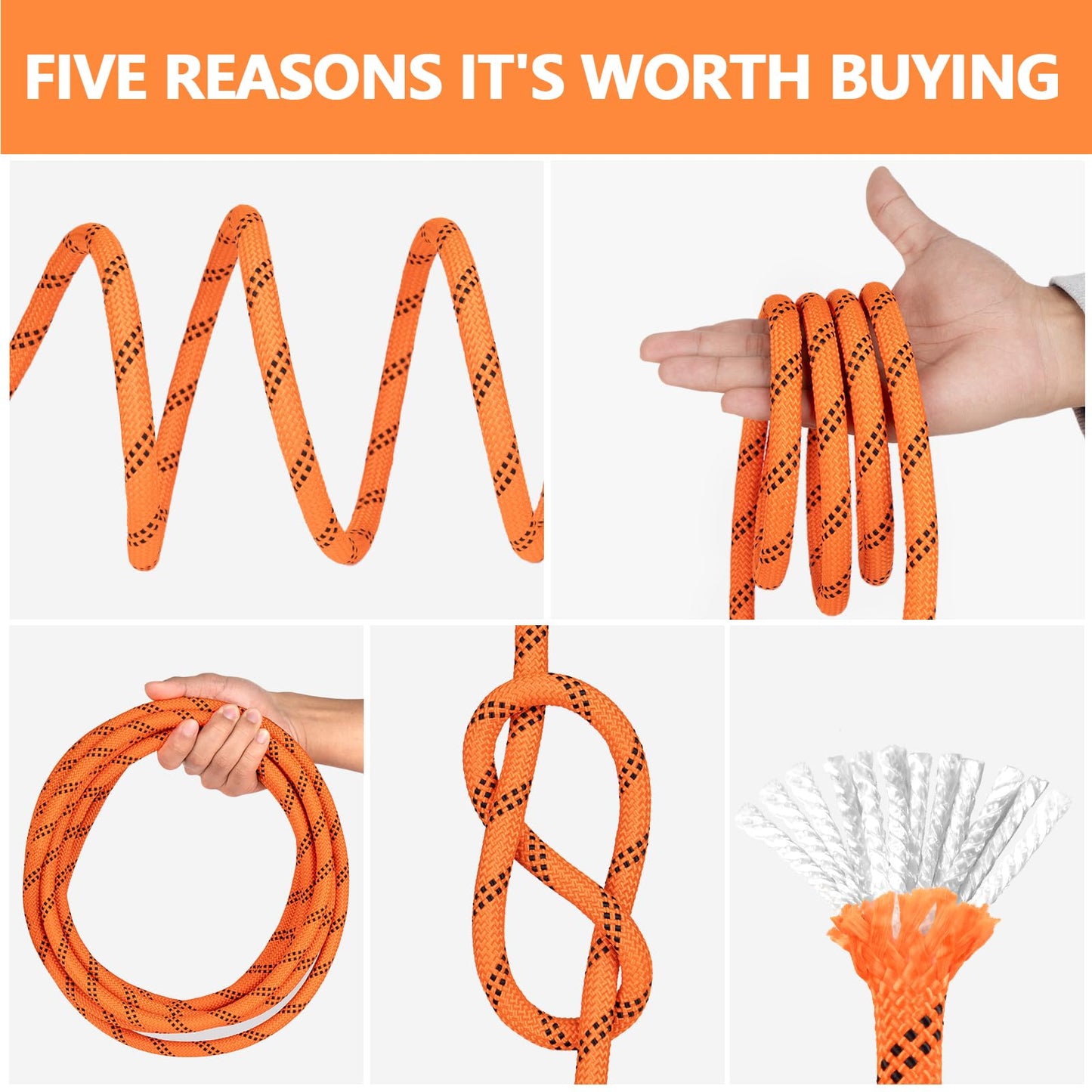 X XBEN Braided Polyester Arborist Rope 3/8 inch X 120ft, 48 Strands, 3430 LBS Breaking Strength Outdoor Rope, Arborist Rigging Ropes for Rock Hiking Camping Swing Tree Rescue, Orange
