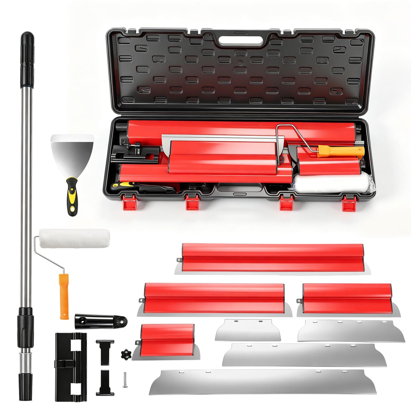Drywall Skimming Blade Set with 32" - 51" Extension Handle 9inch Compound Rollers 10in/16in/24in/32in Stainless Steel Skimming Blades for Wall Surface Smoothing Drywall Plaster Wallboard
