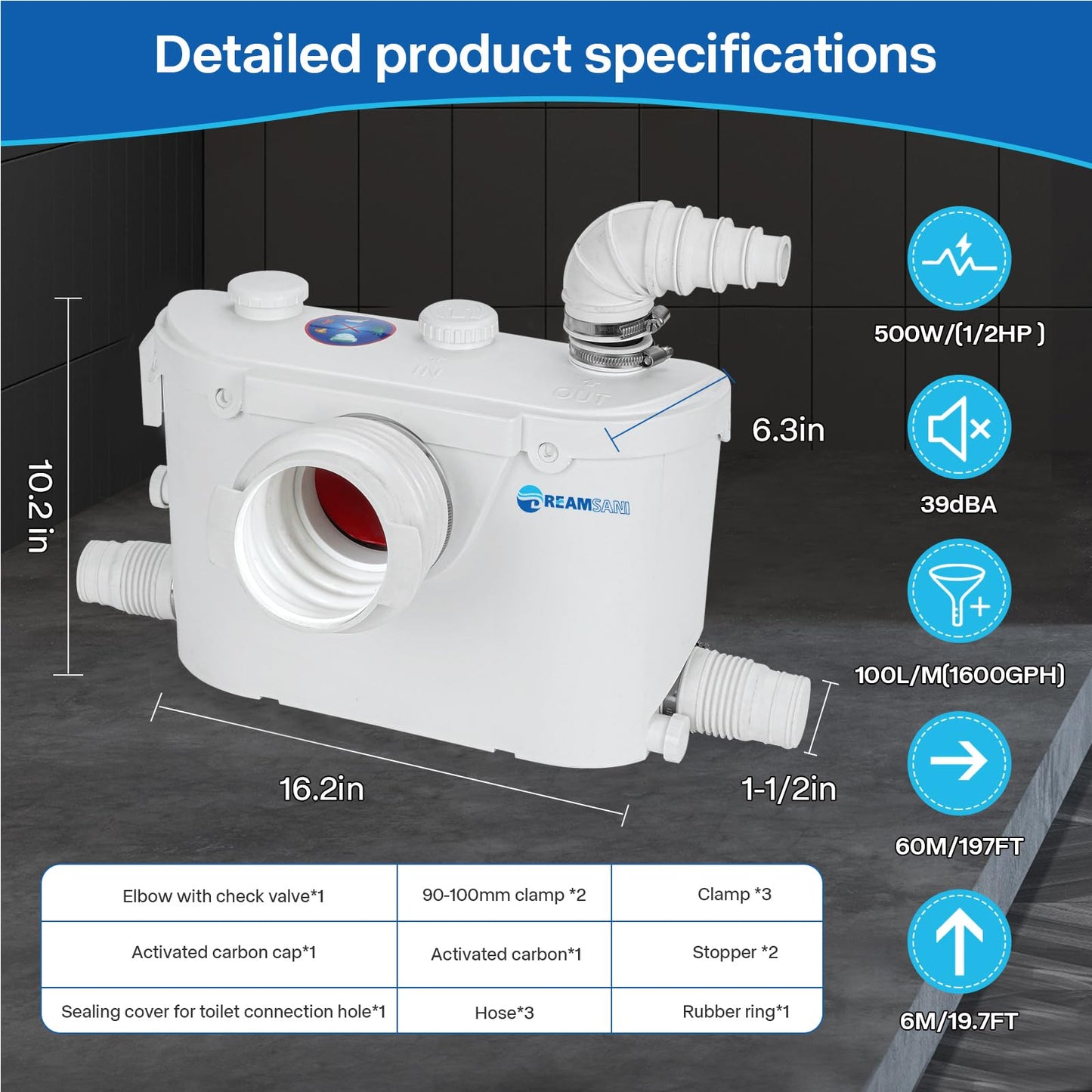 Dreamsani 500W Macerator Pump for Macerating Toilet Upflush Waste Water Marine Sewerage Pump with 4 Water Inlets Toilet Disposal Laundry Sink Shower