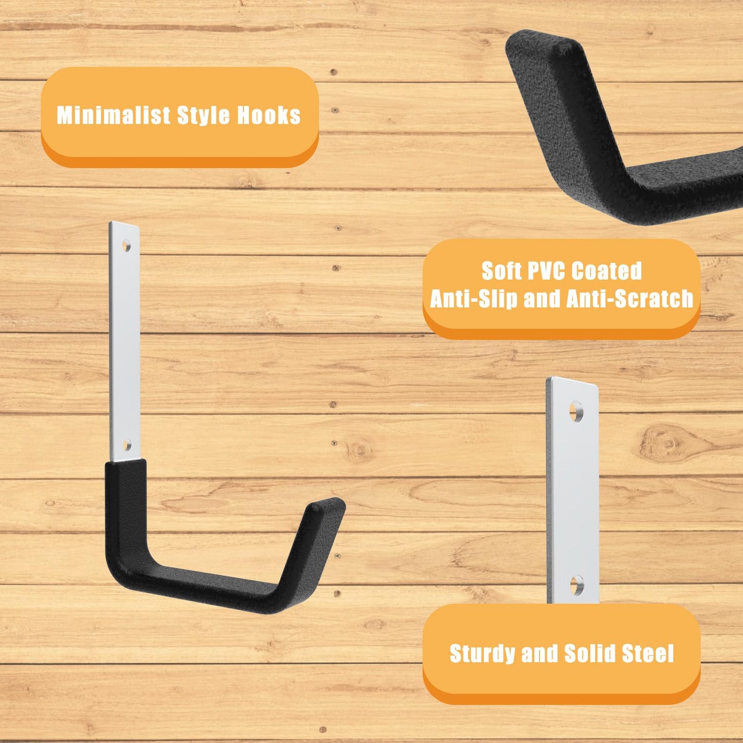 Juformin Heavy Duty Utility Hooks - Wall Mount, Hooks for Garage, Hose, Bike, Ladder, Leaf Blower Hanger (6 Medium)