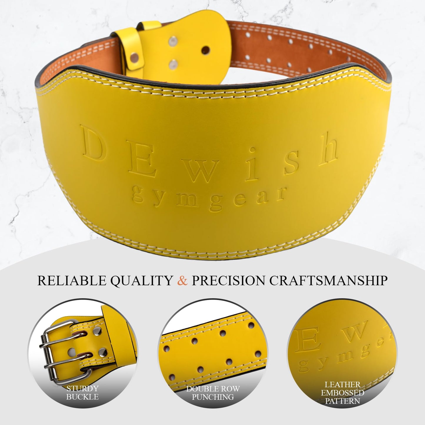 Leather Gym Fitness Belt, 4" & 6" Padded Lumbar Back Support, 10 Adjustable Holes for Weightlifting Powerlifting Bodybuilding Deadlift Squat Workout Strength Training (6-Inch, Yellow, XL (37"-40"))