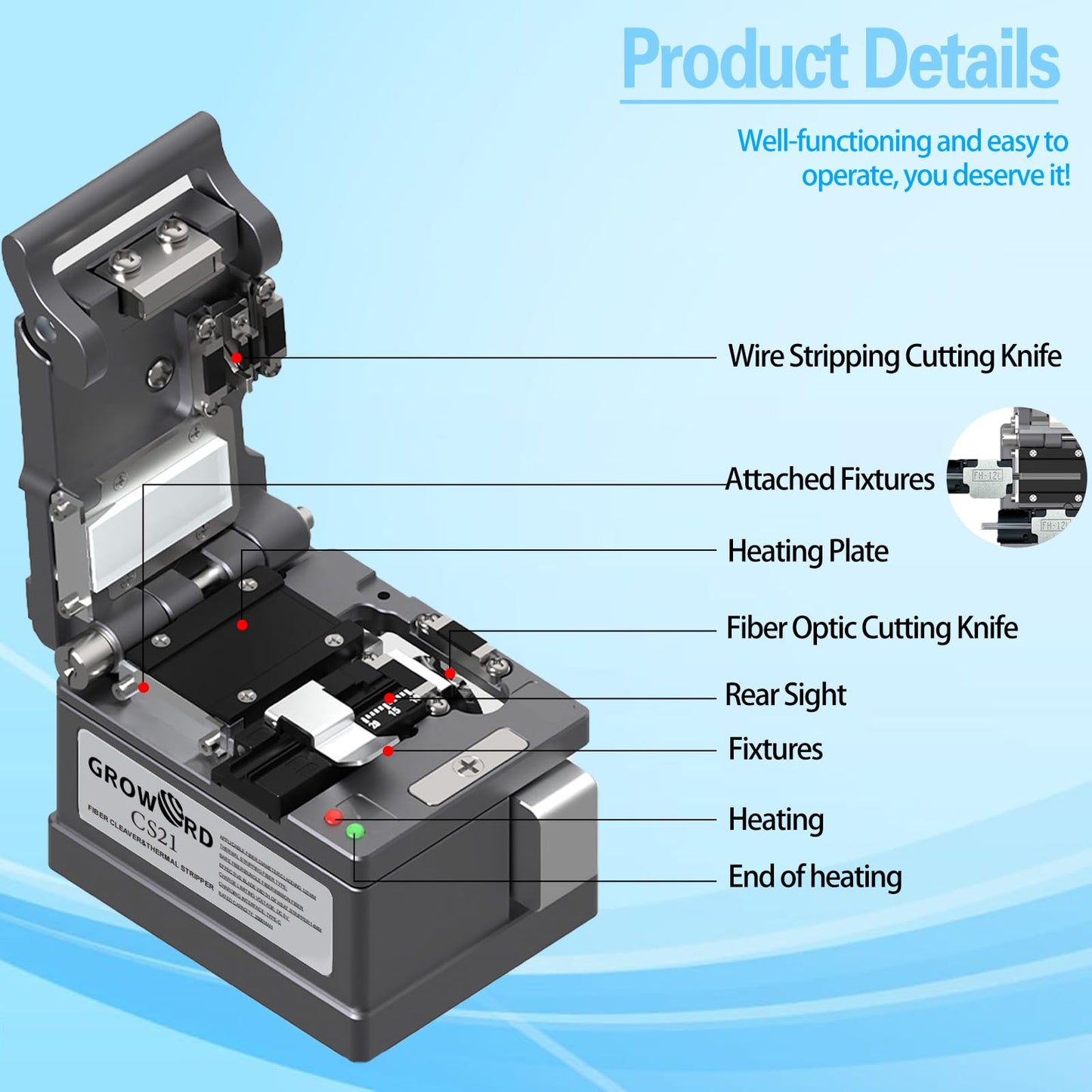 groword Optical Fiber Cleaver Handheld Fiber Optic Thermal Stripper for Ribbon or Simplex Fiber,2 in 1 Stripping and Cutting,Fiber Optic Hot Stripper, Automatic Heating Stripping Tool for 1-12 Strands