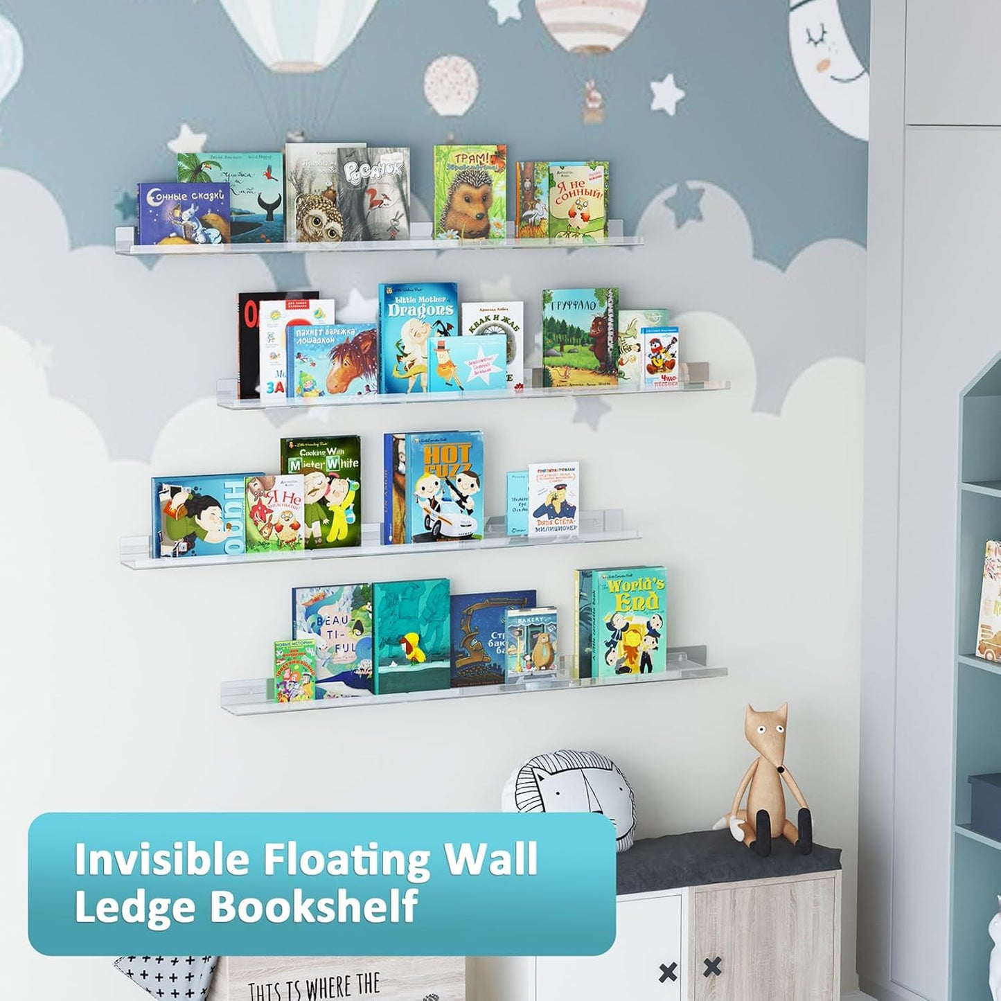 Albumgit 4 Pack Acrylic Wall Shelves - Self-Adhesive 15" Clear Floating Shelf for Home Organization