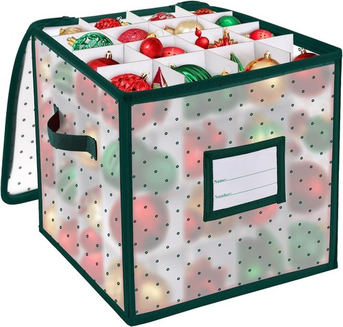 BINSUNS Christmas Ornament Storage Box - Organizer Bag with Dividers for 64 Ornaments | Green