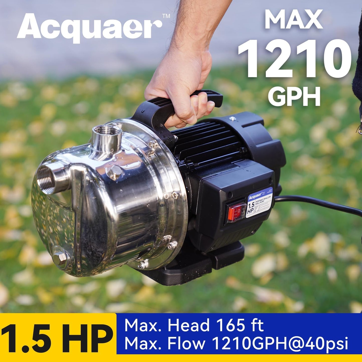 Acquaer 115V Shallow Well Garden Pump, Stainless Steel, Sprinkler Water Transfer Draining Irrigation Pump 1210 GPH, for Water Removal Lawn Garden,1.5 HP Portable