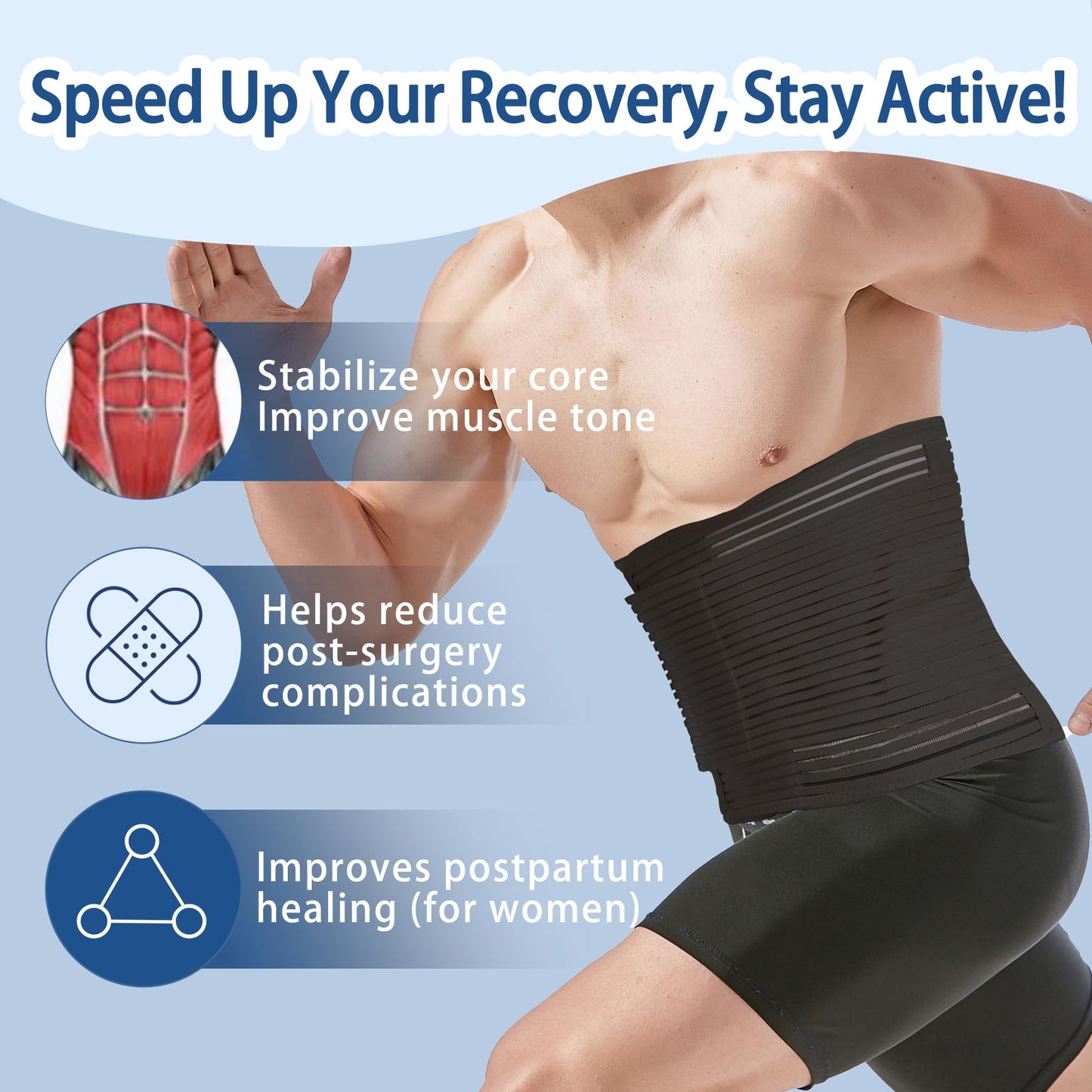 Reian Abdominal Binder for Post Surgery & Postpartum Recovery, Abdomen Hernia Support Belt for Women & Men (Black, Large)