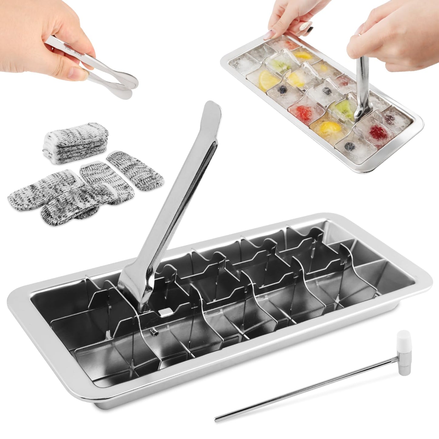 Stainless Steel Ice Cubes Tray With Ice-Clips,Hammer,10 anti-cut Finger Cots,(11", 18 cubes) Metal Ice-Tray with Release Lever Remove Handle for Making Various Ice-Cubes(silver,Size:11inch)