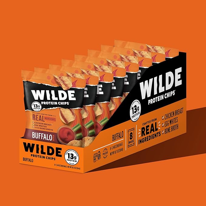 WILDE Buffalo Protein Chips, Thin and Crispy, High Protein, Keto Friendly, Made with Real Ingredients, 1.34oz Bags (Pack of 8)