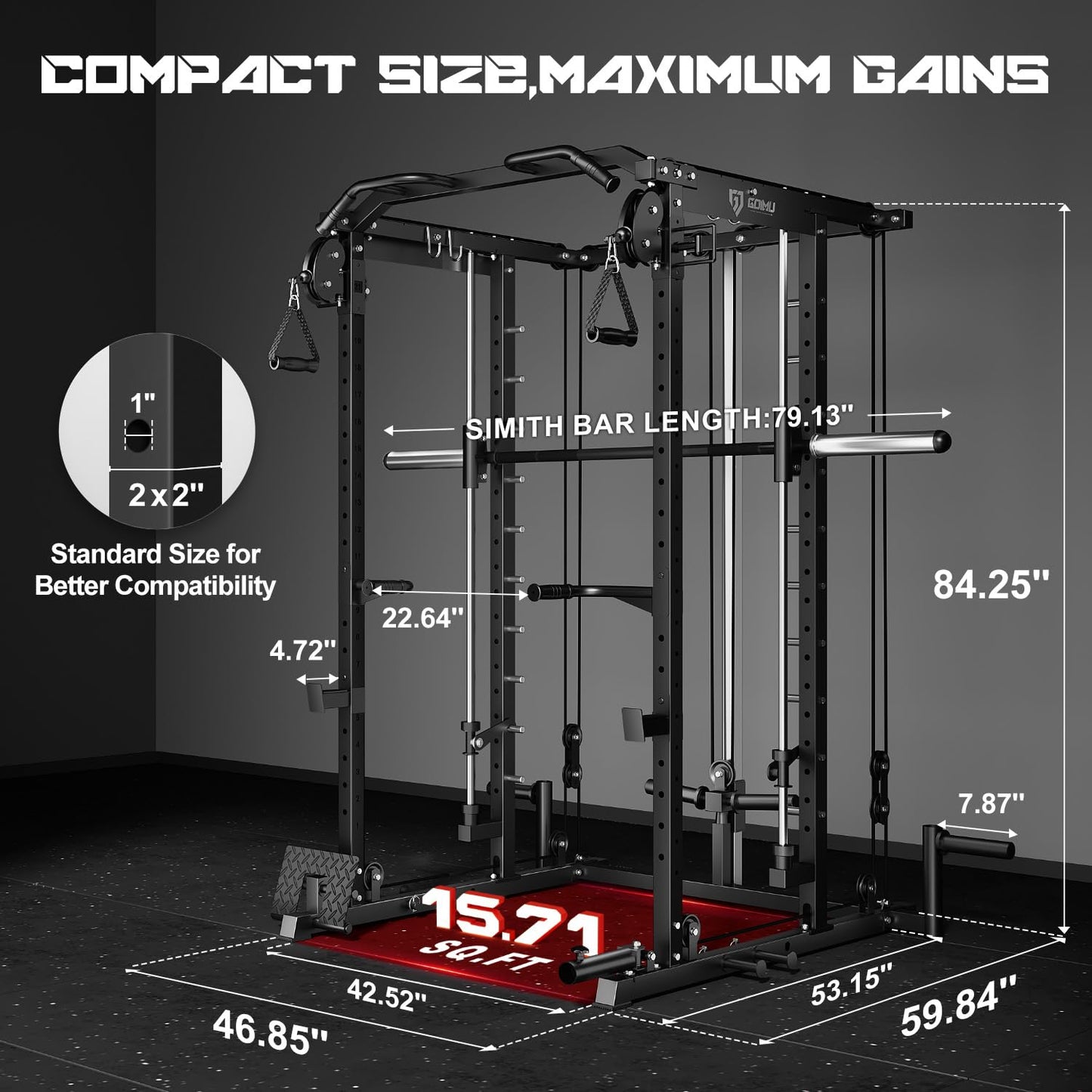 Goimu S1-V4 Smith Machine, 2000LBS Power Cage with Cable Crossover System, All-in-One Squat Rack with Smith Bar, Strength Training Equipment for Hone Gym (Black Smith Machine S1)