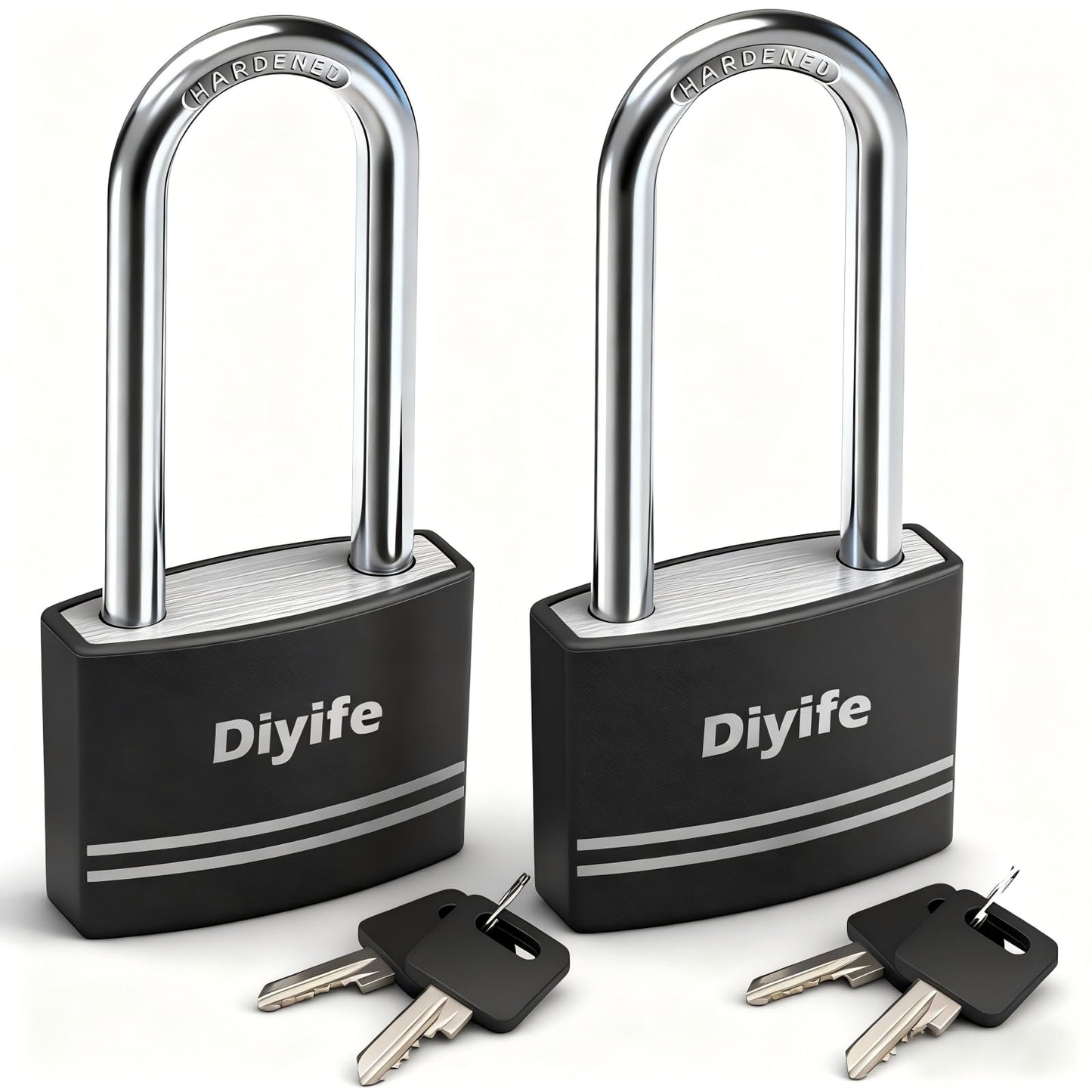 Diyife Padlock with Key, [2 Pack] [Waterproof] Lock with Key, Long Shackle Padlocks for Outdoor Anti-Rust, Small Covered Aluminum Padlock with 4 Alike Keys for Gym Locker, Fence, Shed
