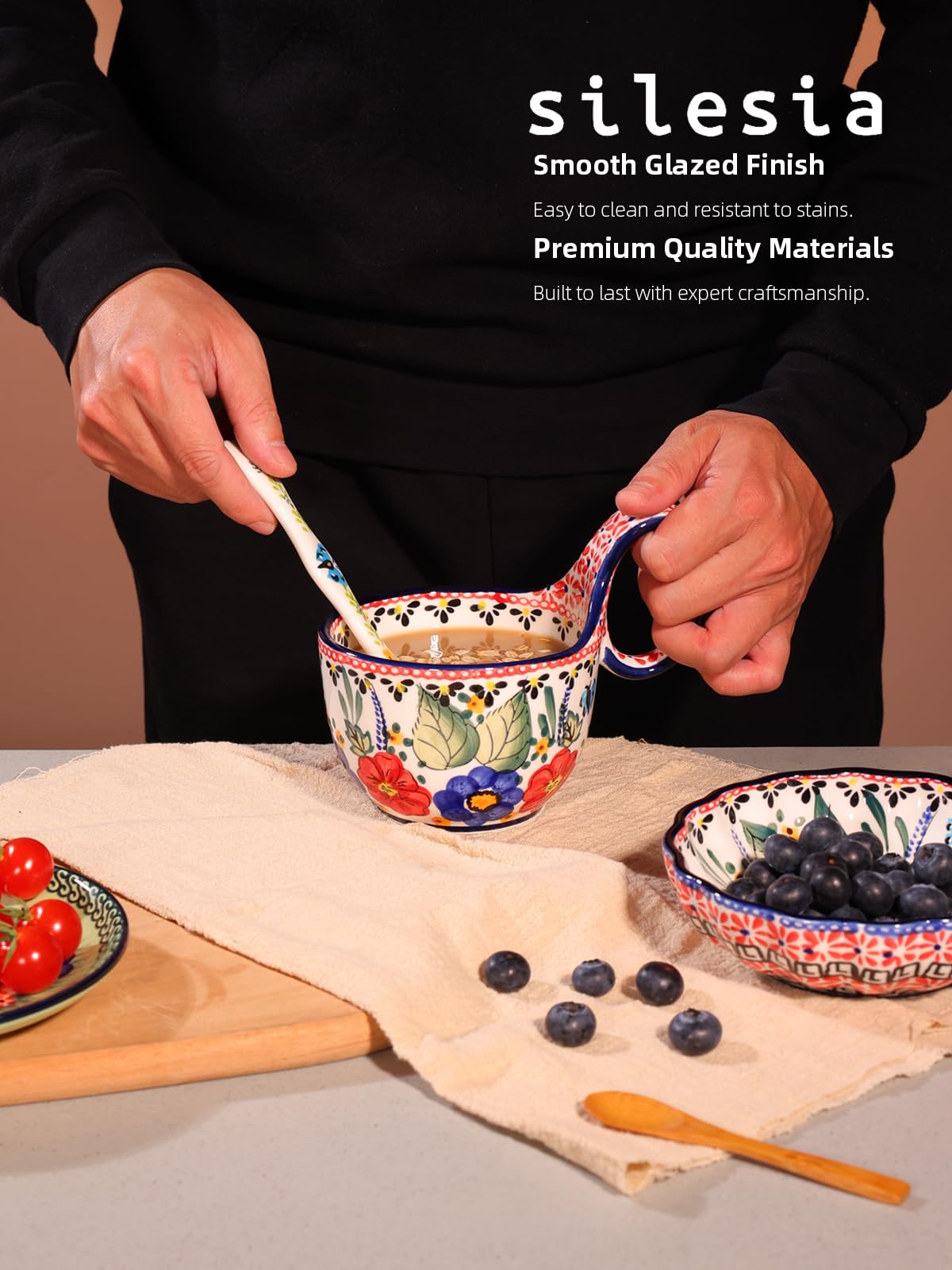 silesia Handmade Loop Handle Soup Bowl, Plate and Spoon Set Ceramic Hand Painted Cereal Bowl Great for Soup, Ice cream, Snack, Stew in Gift Box, Dishwasher & Microwave Safe, Polish Garden