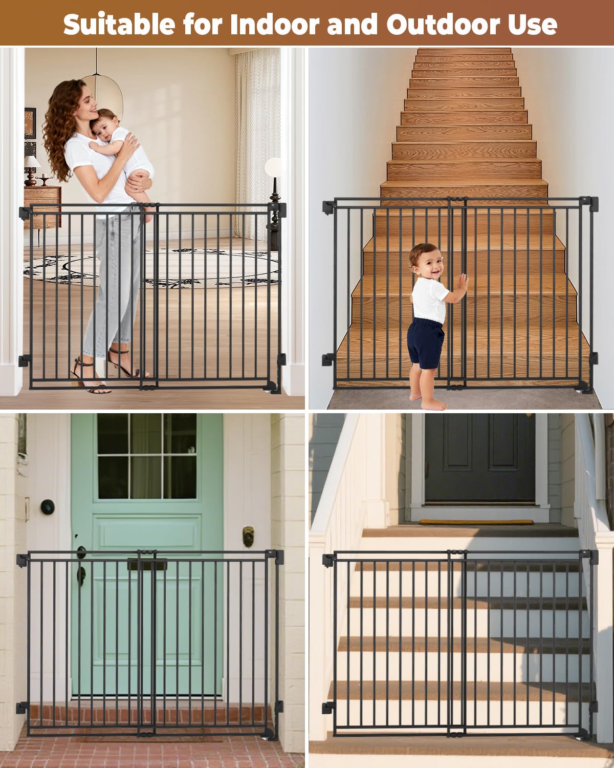 34-53" No Bottom Bar Baby Gates Dog Gate for Stairs, 39" Extra Tall Child Safety Gate with Auto Close Design, Large Walk Thru Door, Extra Wide Hardware Mount Pet Gate for Doorways Deck Indoor Outdoor