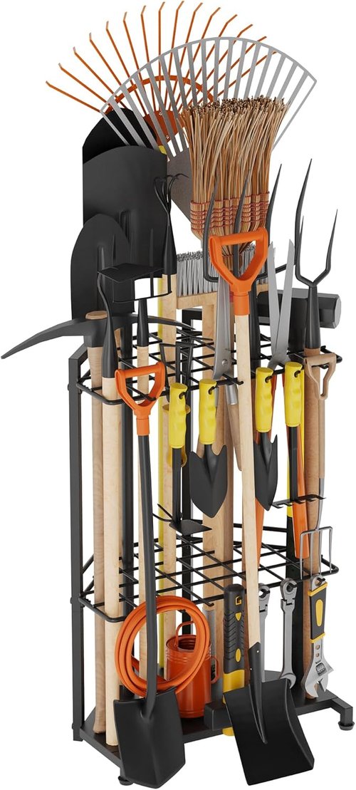 Garden Tool Organizer - Heavy Duty Metal Rack with 34 Compartments & 14 Hooks for Efficient Storage