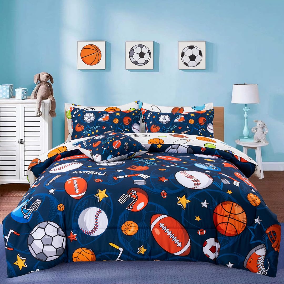 A Nice Night 6Pcs Bed in A Bag Full Sports Microfiber Modern Comforter Set,Navy Rugby Ball Printed Bedding Collections,for Boys Kids Teen