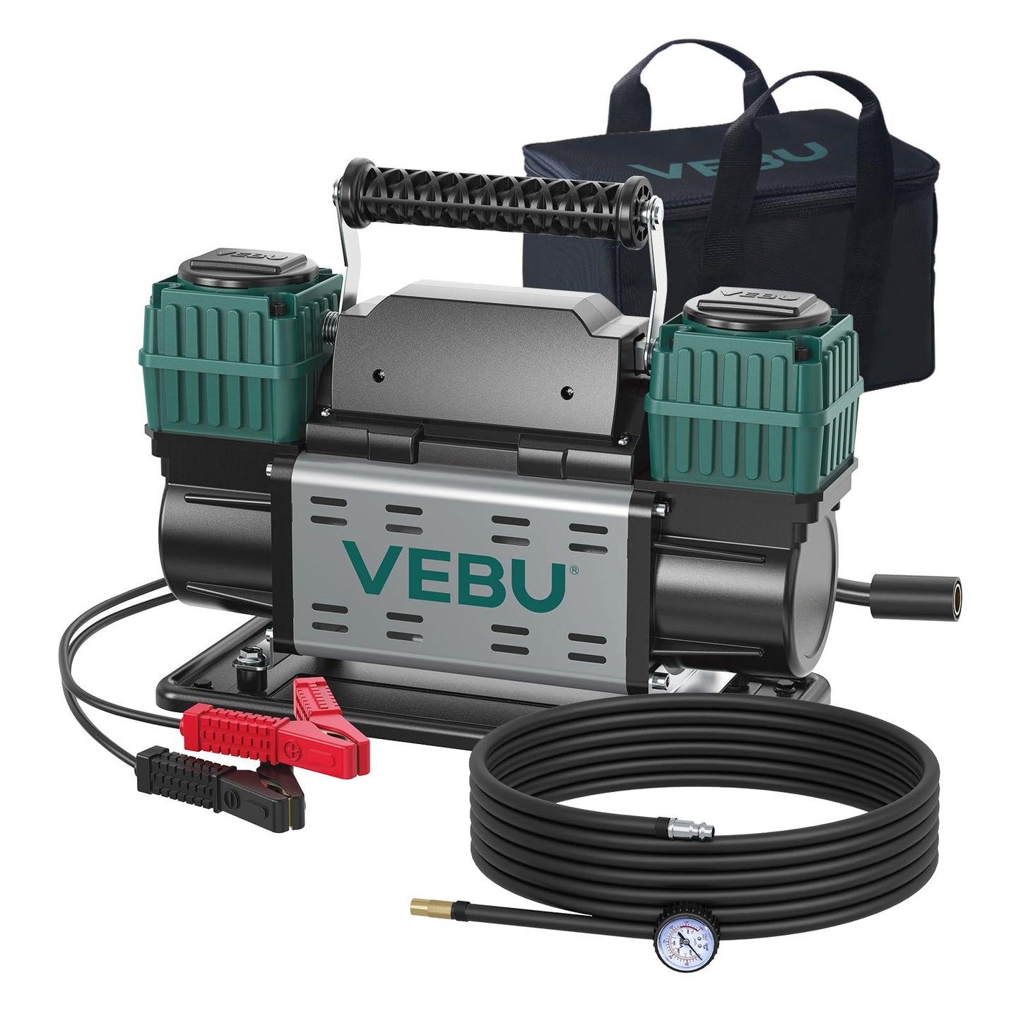 VEBU Heavy Duty Air Compressor 12V Tire Inflator, Dual Cylinder 125PSI with In-line Pressure Gauge, 10.6CFM Fast Inflation for Off-road Vehicles, Trucks, SUVs, RVs, ATVs, DC Power, Corded Electric